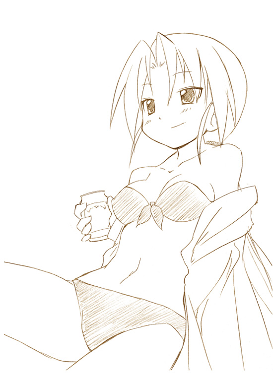 bandeau beer bikini can female female_only front-tie_top human lucky_star medium_breasts monochrome nanako_kuroi off_shoulder open_clothes open_shirt sawatari_jinshi shirt short_hair sitting sketch smile solo swimsuit tubetop