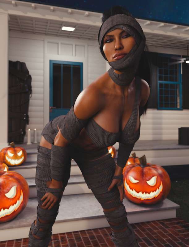 abs asian asian_female athletic athletic_female bending_forward big_ass big_breasts entitledgoose halloween_costume halloween_theme mileena mileena_(new_era) mortal_kombat mortal_kombat_1_(2023) mummy_costume mummy_wrappings