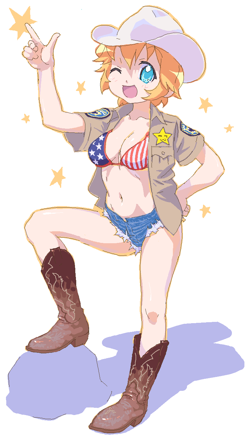 american_flag american_flag_bikini bikini bikini_top blue_eyes boots cowboy_boots cowboy_hat denim denim_shorts female female_only flag_print hair hat highres human lucky_star nishi oekaki patricia_martin sakenotorii shorts solo swimsuit western wink