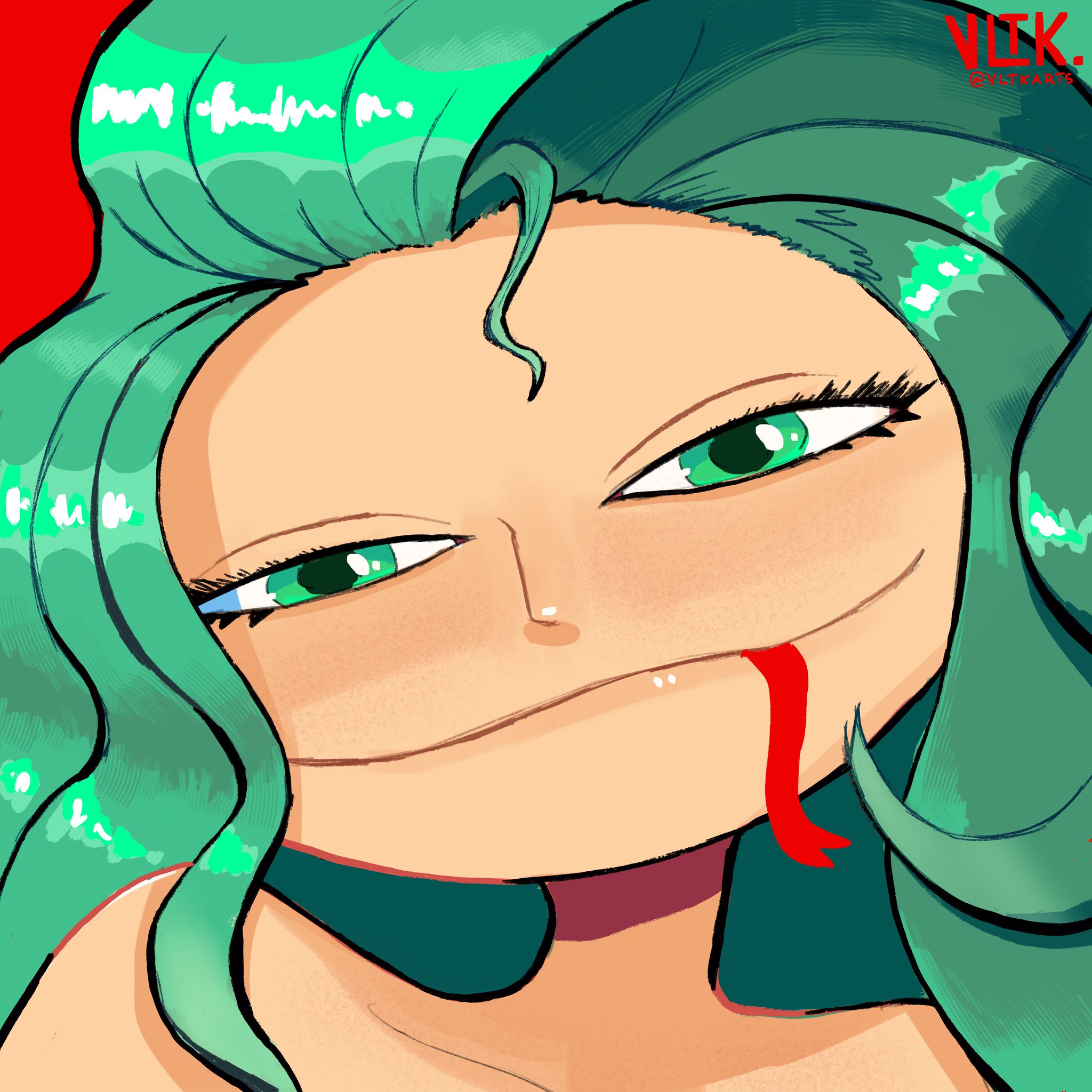 artist name, boa sandersonia, face focus, female, female only, forked tongue, green eyes, implied nudity, lips, long hair, long tongue, looking at viewer, nude, one piece, shoulders, tongue, tongue out, vltkarts
