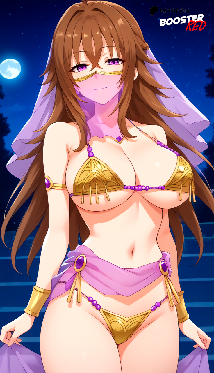 ahoge ai_generated alternate_costume bare_shoulders belly_dancer bikini boosterred99 brown_hair dancer dancer_outfit female golden_bikini hair_between_eyes harem harem_girl harem_jewelry harem_outfit high_school_dxd highleg large_breasts medium_hair micro_bikini mouth_veil naughty_face night pony_diffusion_xl purple_eyes veil venelana_gremory waist_veil wide_hips