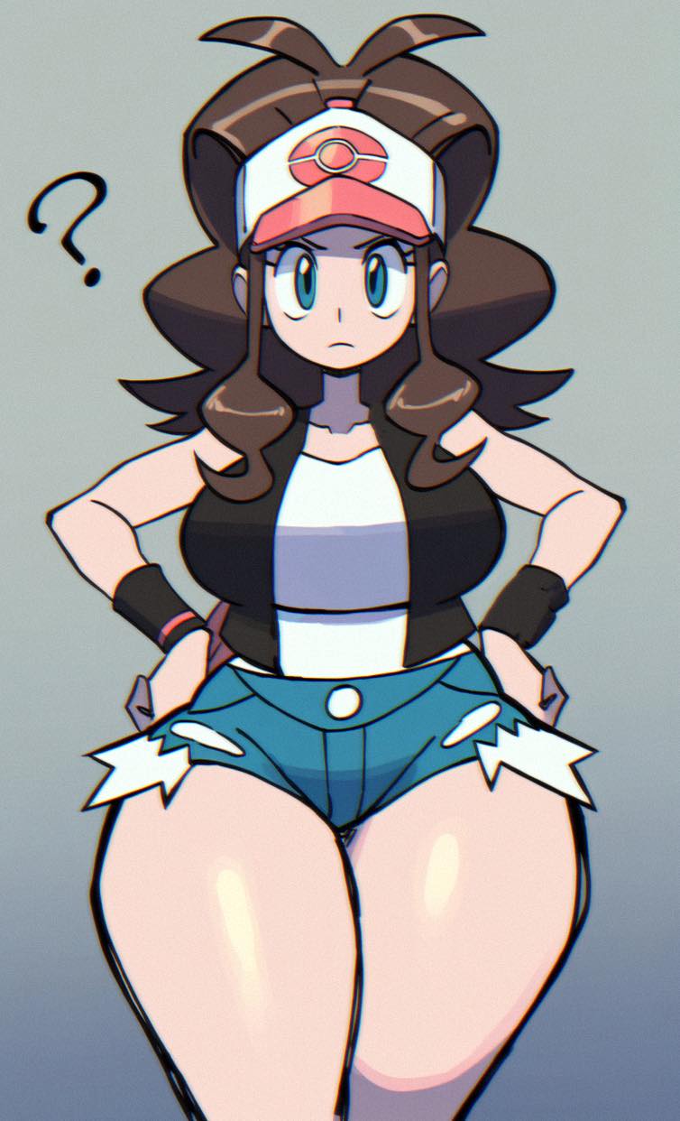 1girls ? ai_generated black_vest blue_eyes brown_hair hands_on_hips hilda_(pokemon) huge_breasts jean_shorts large_breasts long_hair looking_at_viewer mauwabow pokemon pokemon_bw shorts sidelocks tagme thick_thighs wide_hips wrist_cuffs