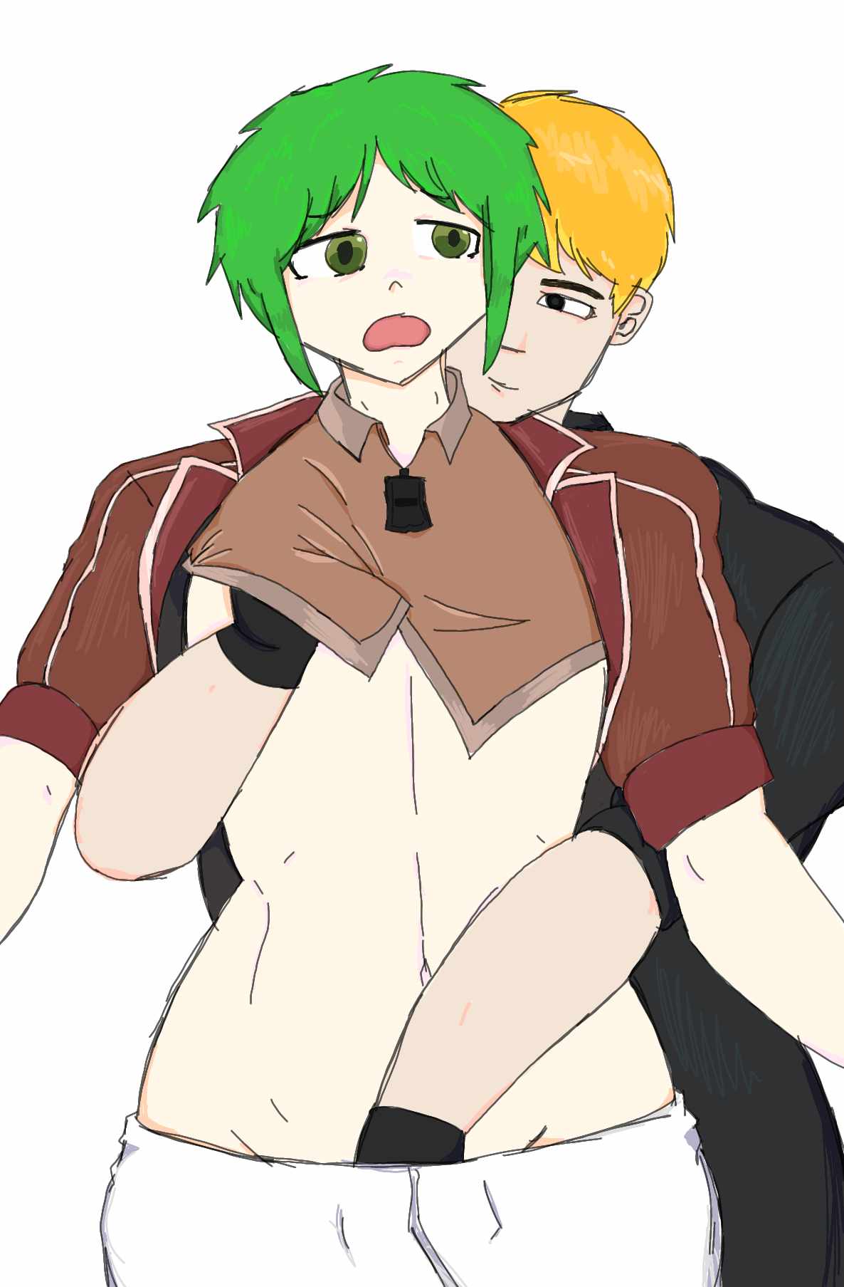 2boys black_clothing from_behind grabbing_chest grabbing_penis green_eyes green_hair light-skinned_male made_in_abyss skinny torka yaoi yellow_hair young