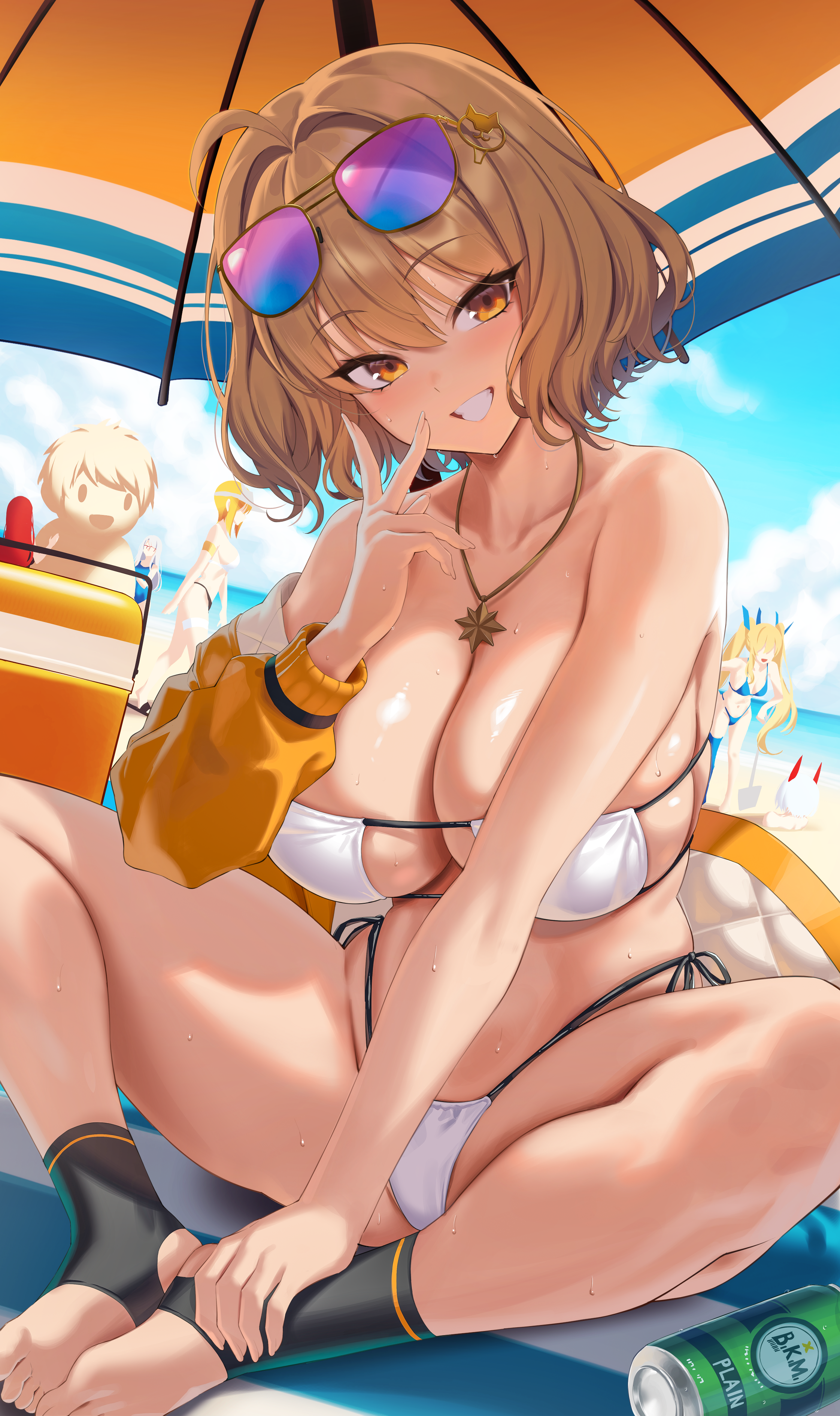 1girls, anis (nikke), anis (sparkling summer) (nikke), anisodactyl, bikini, breasts, brown eyes, brown hair, female, goddess of victory: nikke, hi res, hips, huge breasts, kook, laplace (nikke), light skin, light-skinned female, maxwell (nikke), naughty face, short hair, smile, solo focus, thick thighs, thighs, wide hips