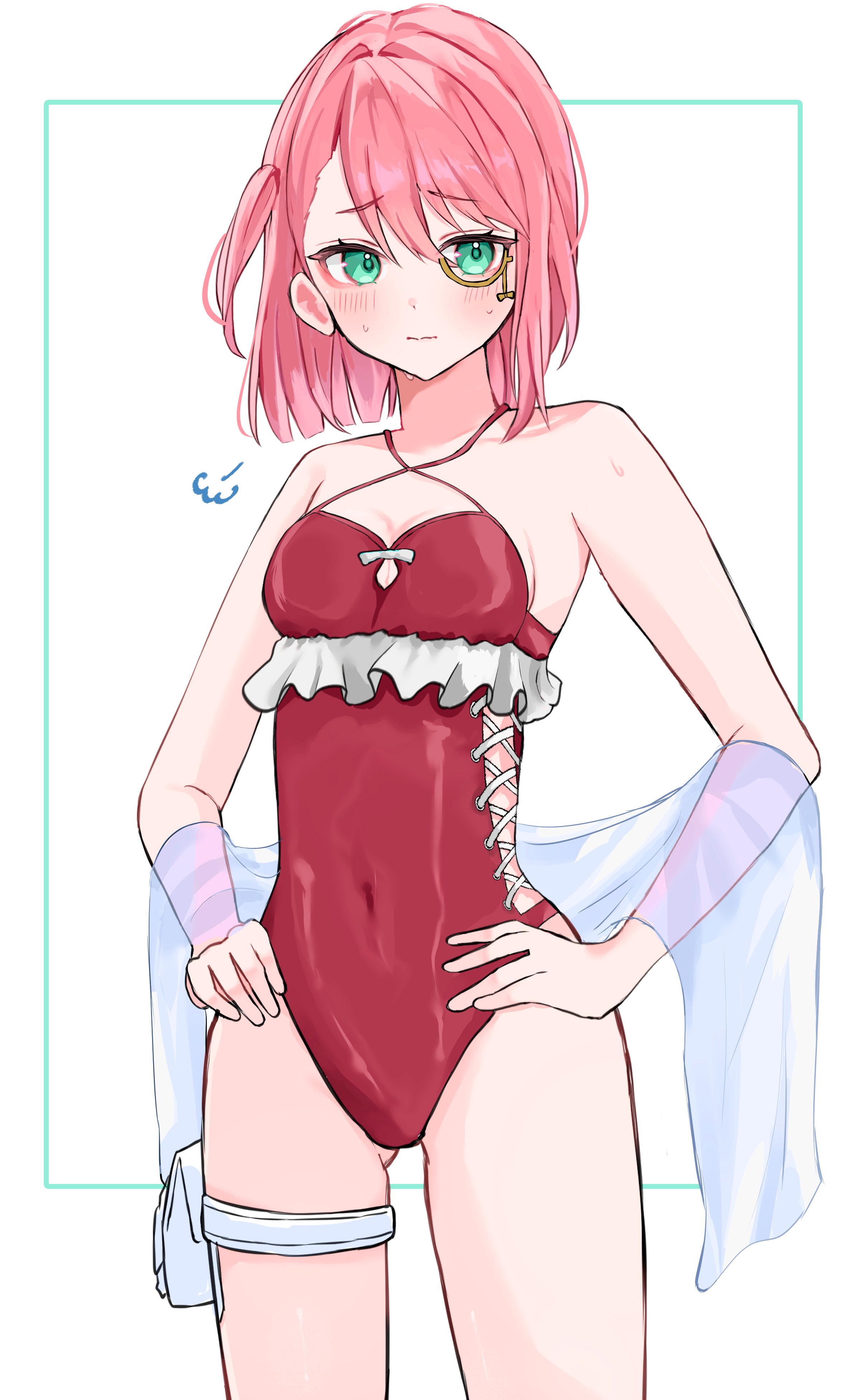 1girls, blush, breasts, charlotte (genshin impact), cowboy shot, embarrassed, female, female only, genshin impact, green eyes, hands on hips, hoyoverse, light skin, light-skinned female, looking away, mihoyo, monocle, navel, one-piece swimsuit, pink hair, red swimsuit, short hair, summer, swimsuit, thigh belt, veil