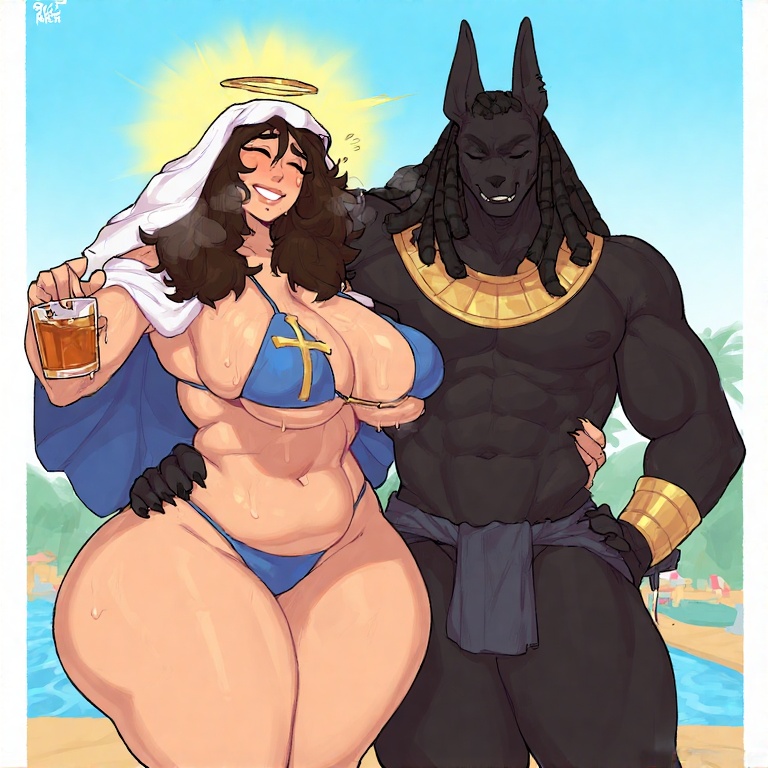 abs ai_generated alcohol anthro anthro_on_human anubis big_breasts big_penis blush bottle breasts brown_hair curvy_figure drunk duo egyptian female gold_(metal) hand_on_hip larger_male male muscular muscular_male naked nude oasis party pecs penis pool robe seductive seductive_look seductive_smile smirk smirking taller_male teasing thick_thighs veil virgin_mary whiskey wide_hips