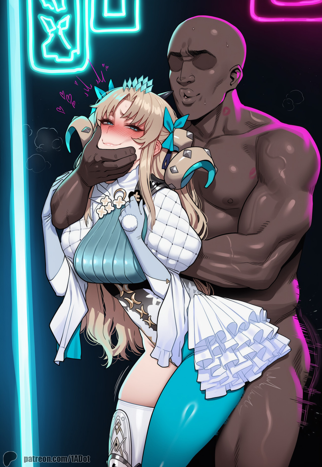 1-a dot, ai generated, asymmetrical legwear, blush, breasts, dark skin, dark-skinned male, ereshkigal (fate), fate (series), fate/grand order, female, grabbing from behind, hair ornament, heart, horns, imminent rape, male, medium breasts, nervous, nightclub, patreon username, space ereshkigal (fate)