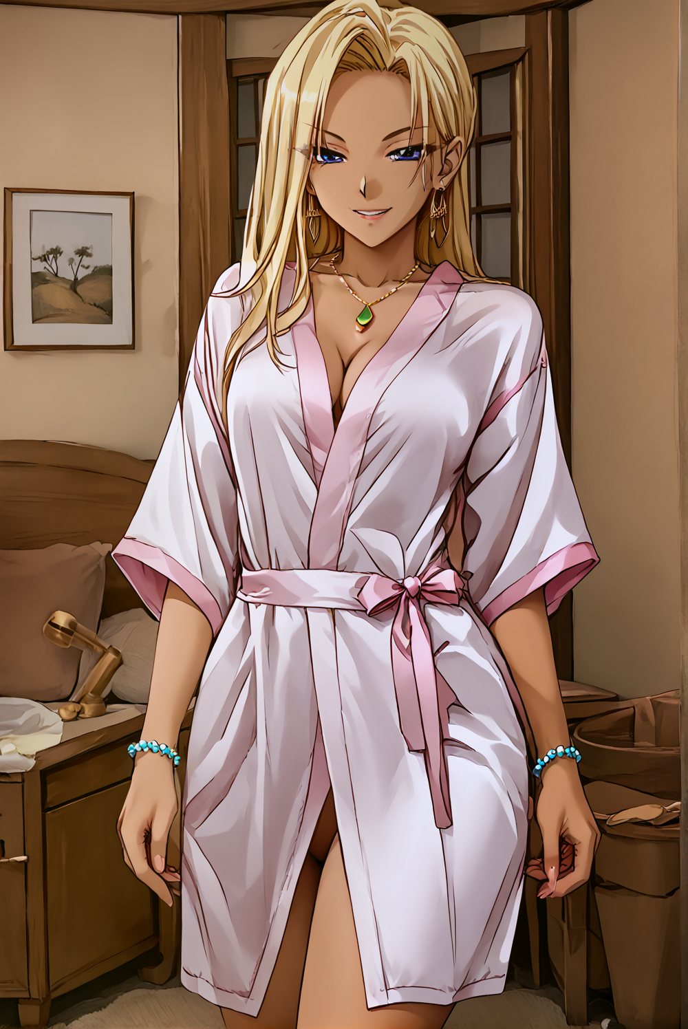after_shower ai_assisted ai_generated alluring attractive bedroom_eyes blonde_hair blue_eyes bracelets earrings female feminine gina_benvesta interior kimono kuutei_senki large_breasts long_hair necklace olive_skin pendant_necklace seductive seductive_look seductive_smile sexy smile tan_skin tanned_skin tsurime waist_length_hair
