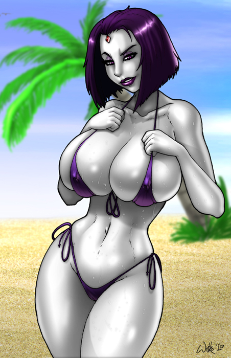 1girls 2010 aged_up alternate_breast_size bell_haircut big_breasts bikini bob_cut breasts breasts_bigger_than_head busty cleavage dc dc_comics eyeshadow female_only grey_skin hourglass_figure huge_breasts large_breasts lipstick makeup navel purple_hair rachel_roth raven_(dc) superheroine teen_titans voluptuous wilko