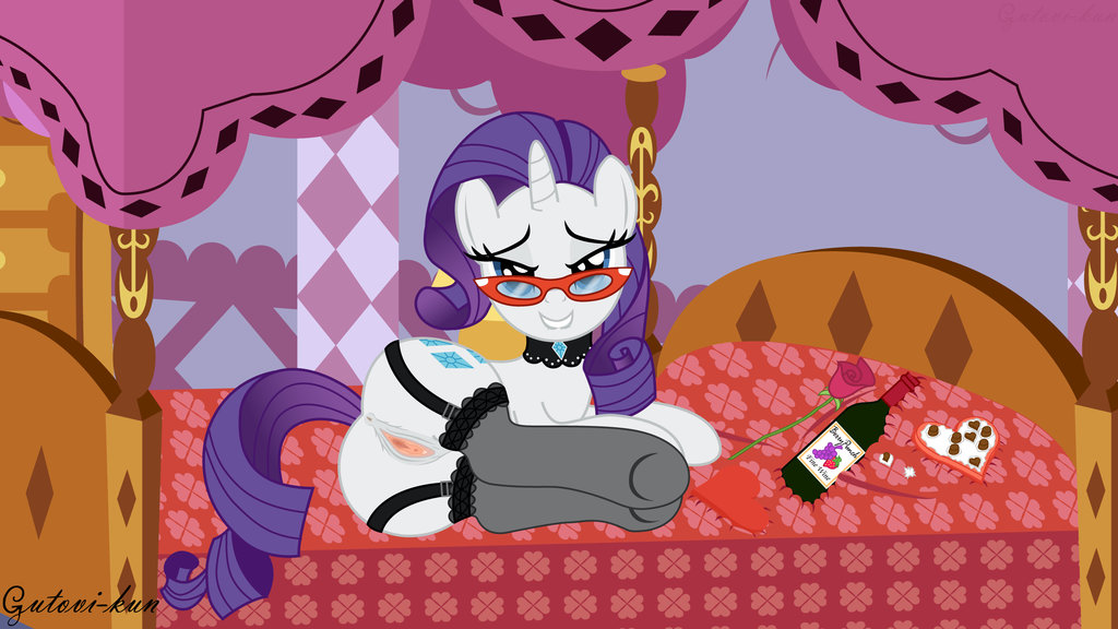 alcohol bed beverage bottle equine eyewear female friendship_is_magic glasses gutovi-kun horn horse looking_at_viewer lying my_little_pony on_back pony pussy rarity_(mlp) rope seductive smile stockings straight_hair unicorn wine