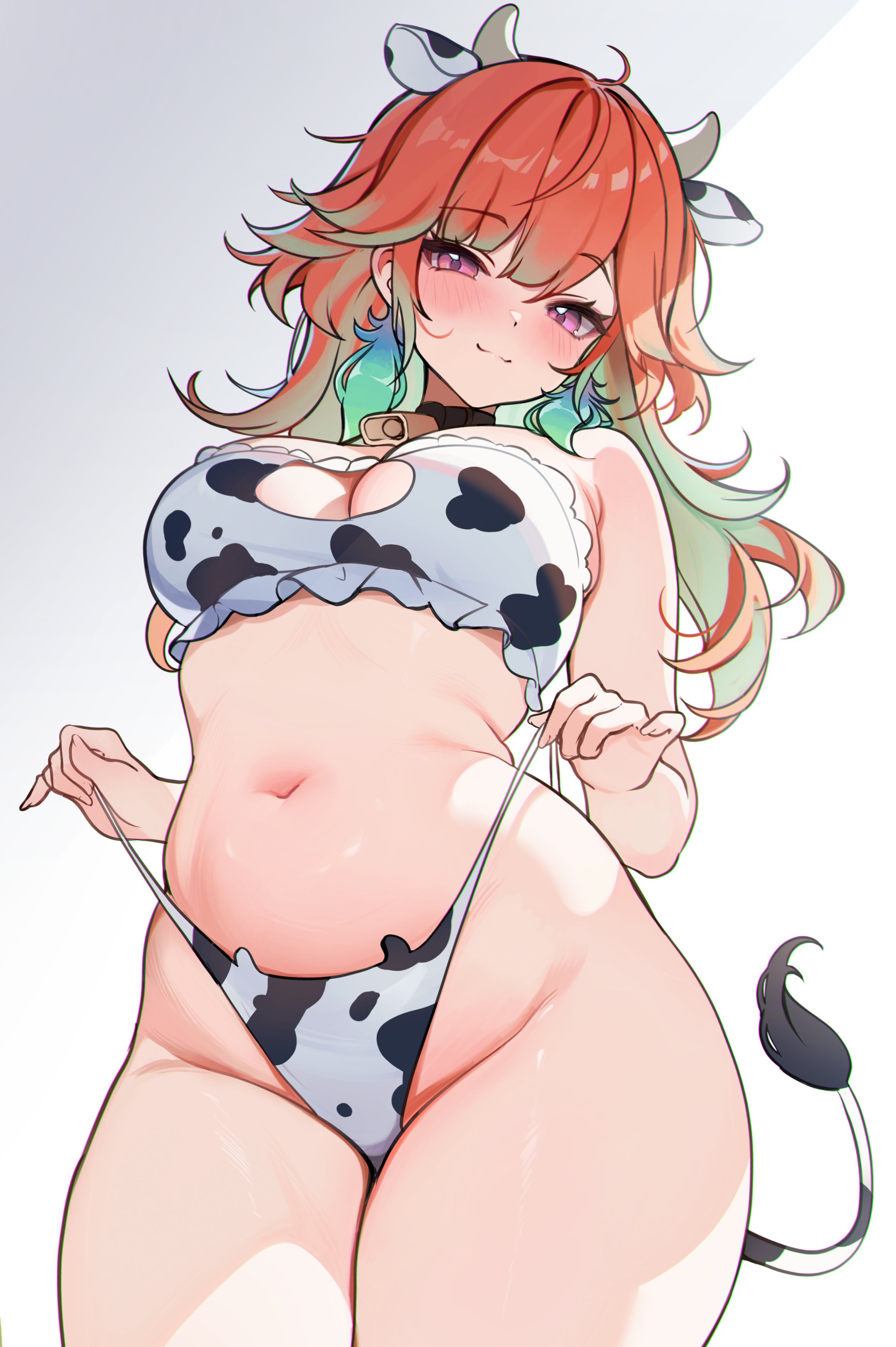 1girls, animal ears, belly, belly button, bikini, boob window, breasts, cleavage, cow ears, cow horns, cow print, cow print bikini, cow tail, female, hololive, hololive english, hololive myth, horn, koahri, large breasts, looking at viewer, orange hair, purple eyes, smile, solo, tail, takanashi kiara, thick, thick thighs, thighs, virtual youtuber