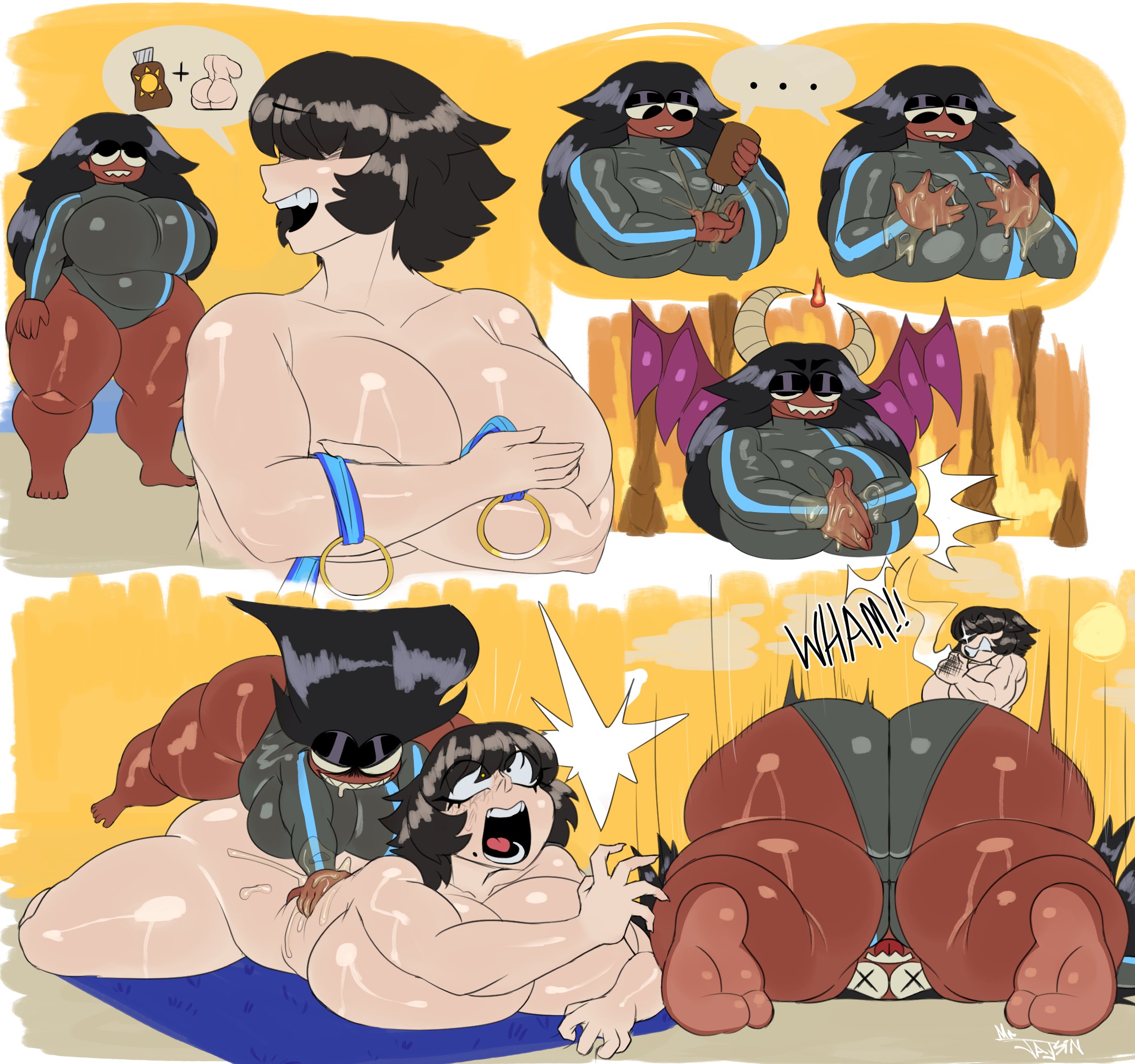 2d, 2d (artwork), 2d artwork, 2girls, ass, beach, beach towel, big ass, big breasts, big butt, big hips, big thighs, breasts, brown skin, brown skinned, brown skinned female, brown-skinned, brown-skinned female, bubble butt, clothed, clothed female, clothing, curvaceous, dark skin, dark-skinned female, day, daytime, eyebrows, eyelashes, eyes, fat ass, fat butt, feet, female, female focus, female only, hair covering eyes, hair over eyes, hips, huge ass, huge boobs, huge breasts, huge butt, huge hips, huge thighs, jjsinchan, knocked out, laying, laying down, laying on ground, laying on stomach, light body, light skin, light-skinned female, long hair, long-haired female, lotion, lotion bottle, mischievous, mischievous look, mischievous smile, mole, mole on face, naked, naked female, natalie (jjsinchan), nude, nude female, oc, ocean, on back, original character, original characters, outside, pale, pale body, pale skin, pale-skinned female, sand, sharp teeth, short hair, shortstack, solo, sun lotion, sweat, sweatdrop, sweaty, sweaty boobs, sweaty breasts, sweaty thighs, sweaty tits, tagme, teeth, teeth showing, teeth visible, thick ass, thick butt, thick hips, thick thighs, thighs, thinking, towel, voluptuous, voluptuous body, water, wide ass, wide butt, wide hips, wide thighs