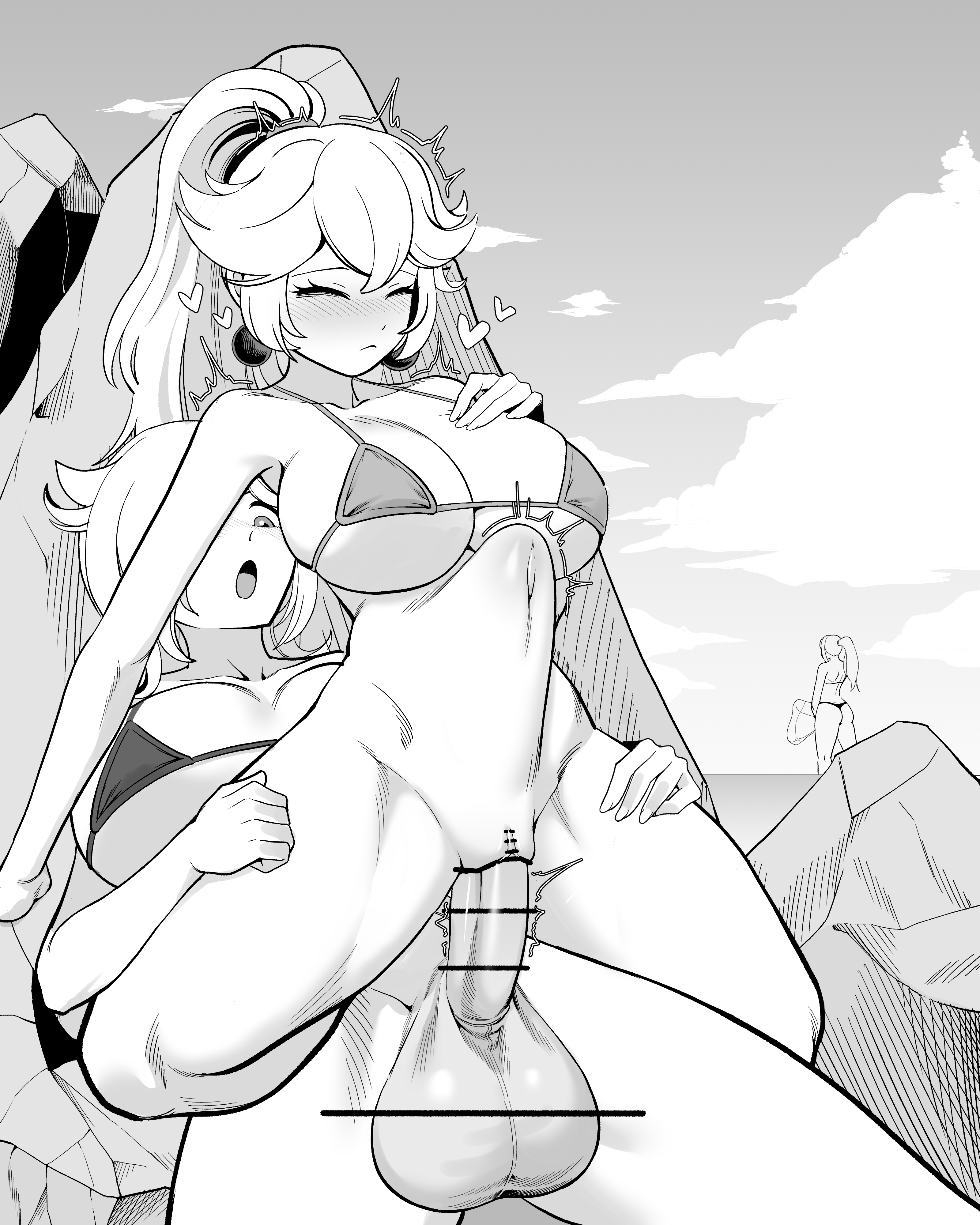 :o, 1girls, 2futas, balls, bar censor, big breasts, bikini, bikini top, bottomless, bottomless female, bottomless futa, breasts, censor bar, censored, censored penis, closed eyes, clothed, clothed female, clothed futa, clothing, ear piercing, earrings, female, futa on female, futanari, heart, hidden, incest, intersex, large breasts, large penis, long hair, looking at viewer, manga style, mario (series), metroid, monochrome, navel, nintendo, open mouth, partially clothed, penetration, penis, pierced ears, piercing, ponytail, princess peach, princess rosalina, pussy, samus aran, sisters, sitting, sitting on person, stealth sex, stomach bulge, super mario bros., super mario galaxy, tekkin papa, testicles, vaginal insertion, vaginal penetration, vaginal sex