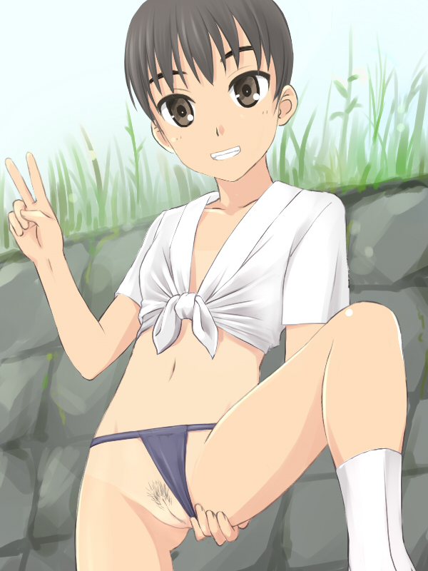 black_hair brown_eyes cleft_of_venus female female fundoshi grin japanese_clothes leg_up navel original pubic_hair pussy short_hair smile solo tabi takafumi thighs uncensored v yamakasa