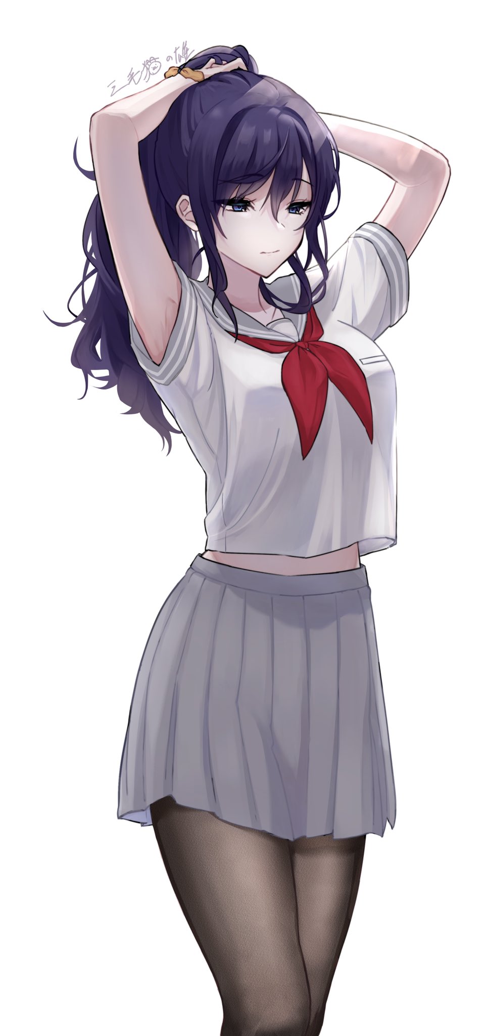 1girls, adjusting hair, armpits, arms up, asahina mafuyu, black pantyhose, blue eyes, breasts, closed mouth, commentary, expressionless, eyelashes, feet out of frame, female, grey sailor collar, grey skirt, hair between eyes, hair ornament, hair scrunchie, half-closed eyes, hand in own hair, high ponytail, highres, large breasts, legs together, looking afar, midriff peek, mikeneko no osu, neckerchief, orange scrunchie, pantyhose, pleated skirt, ponytail, project sekai, purple hair, red neckerchief, sailor collar, school uniform, scrunchie, shirt, shirt overhang, short sleeves, sidelocks, simple background, skirt, solo, swept bangs, tying hair, white background, white shirt