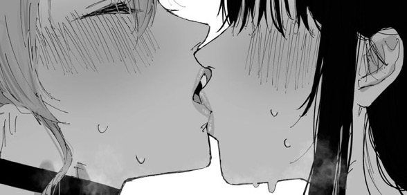 2girls, biting lip, black hair, blush, carrot 011, choker, closed eyes, collar, female, hololive, hololive english, hololive english -advent-, hololive gen 0, hololive japan, hoshimachi suisei, kissing lips, lesbian kiss, lip bite, nerissa ravencroft, sensual, sweat, sweating, virtual youtuber, vtuber, yuri