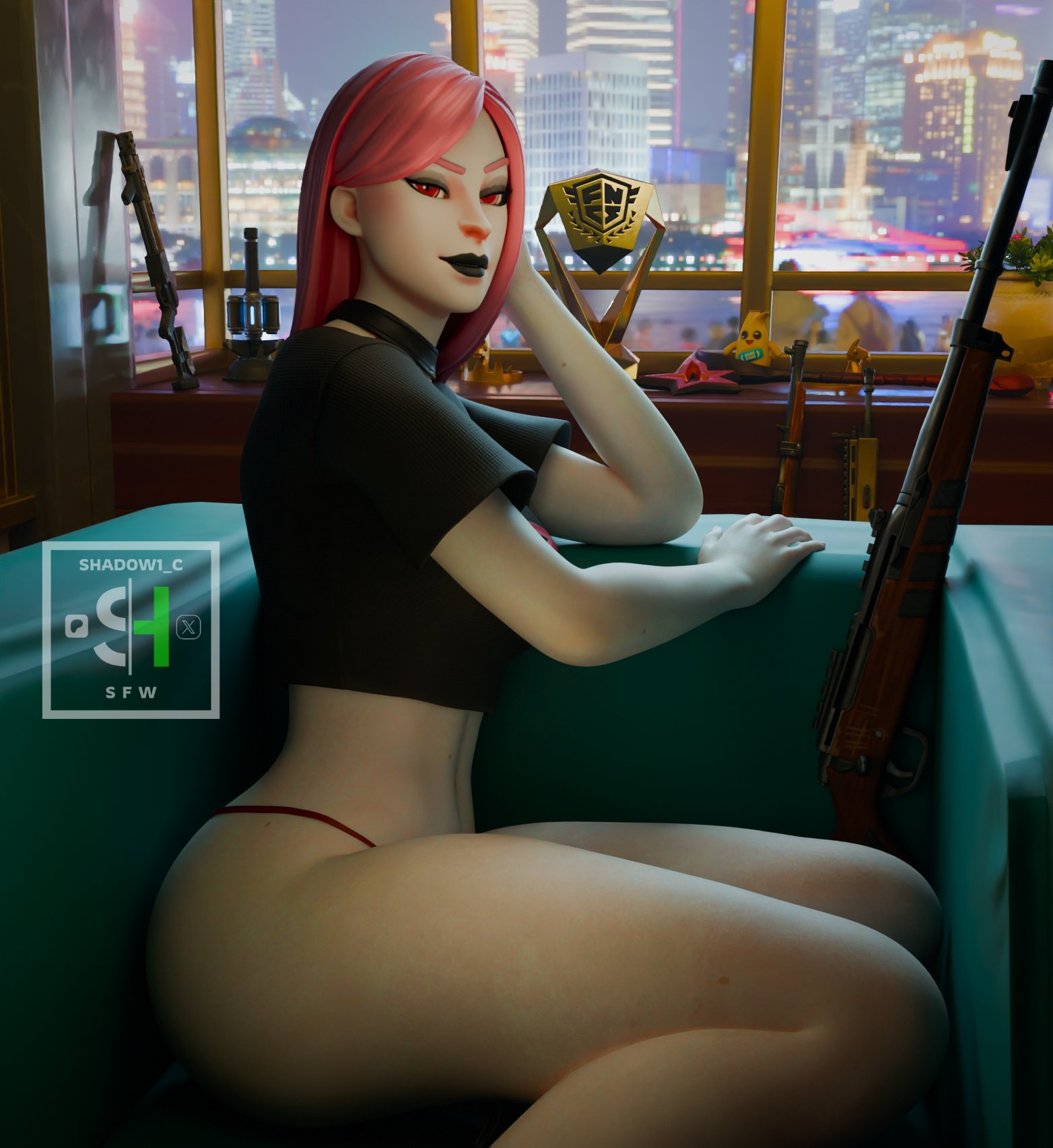 fortnite, haze (fortnite), pink hair, seductive look, shadow1 c, thick thighs