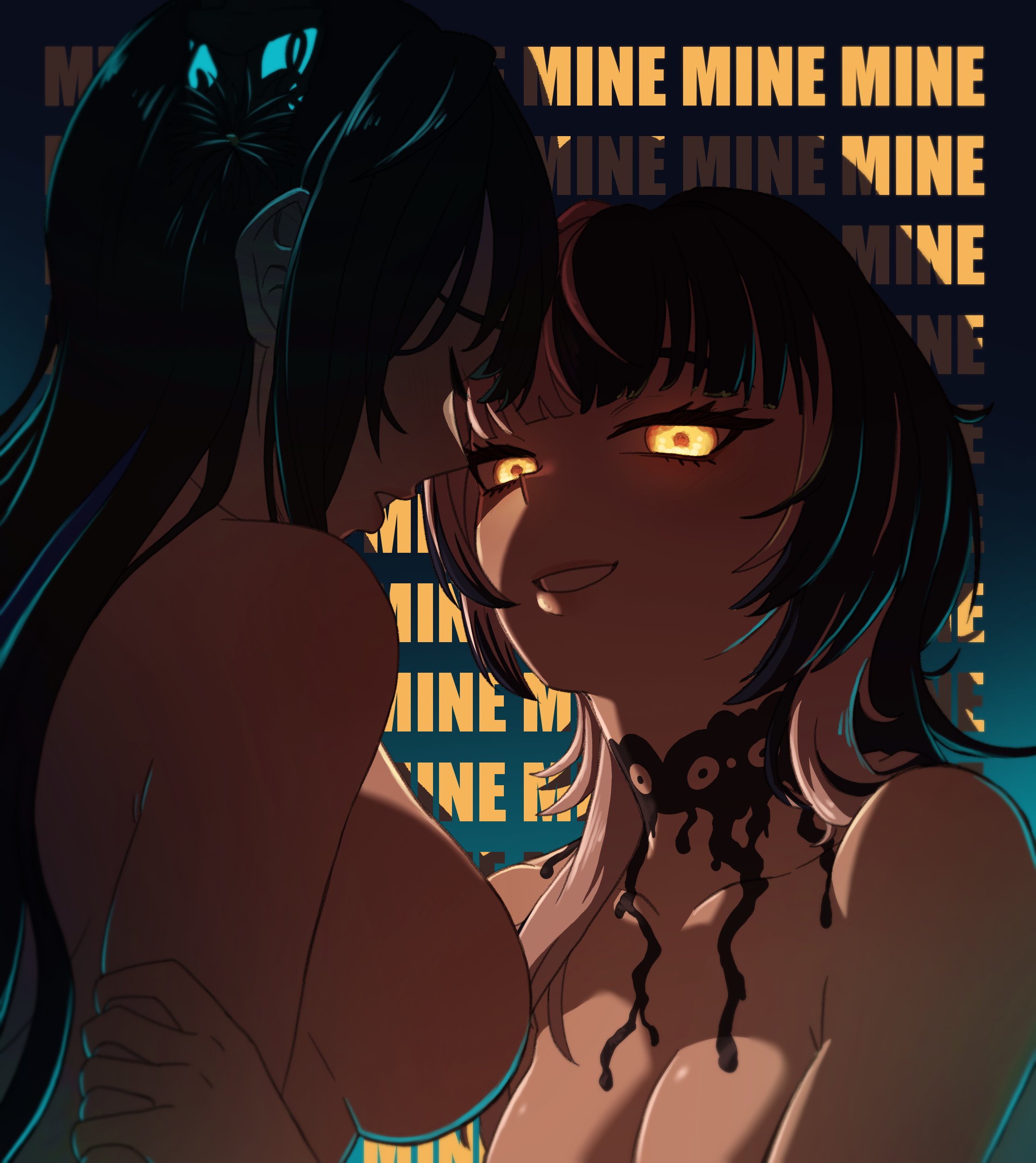 2girls, black hair, blue hair, breasts, cleavage, female, glowing eyes, goth, goth girl, hololive, hololive english, hololive english -advent-, looking at viewer, naked, nerissa ravencroft, nude, obsessed, shiori novella, sideboob, smile, spriggantweet, text, virtual youtuber, white hair, yandere, yellow eyes, yuri