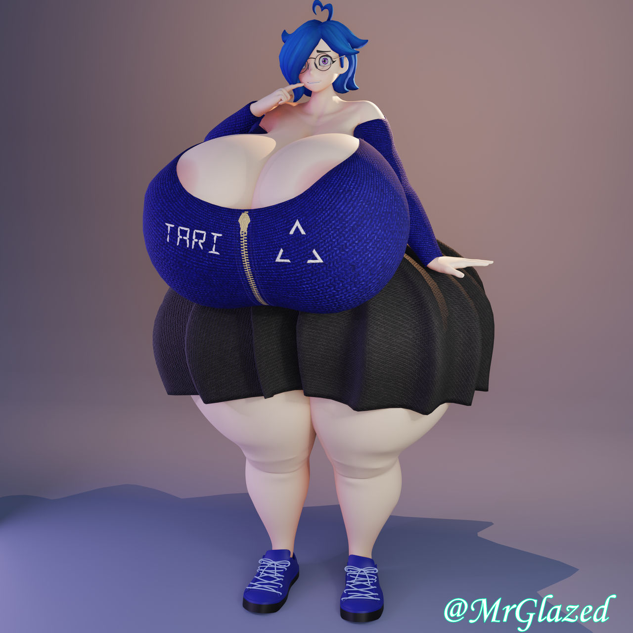 1girls, 3d, areola, areolae, ass, big ass, big breasts, blue hair, breasts, clothed, clothing, female, female focus, female only, glasses, glitch productions, huge ass, huge breasts, hyper ass, hyper breasts, meta runner, mrglazed, purple eyes, skirt, smg4, solo, solo female, solo focus, tagme, tari (smg4), zipper