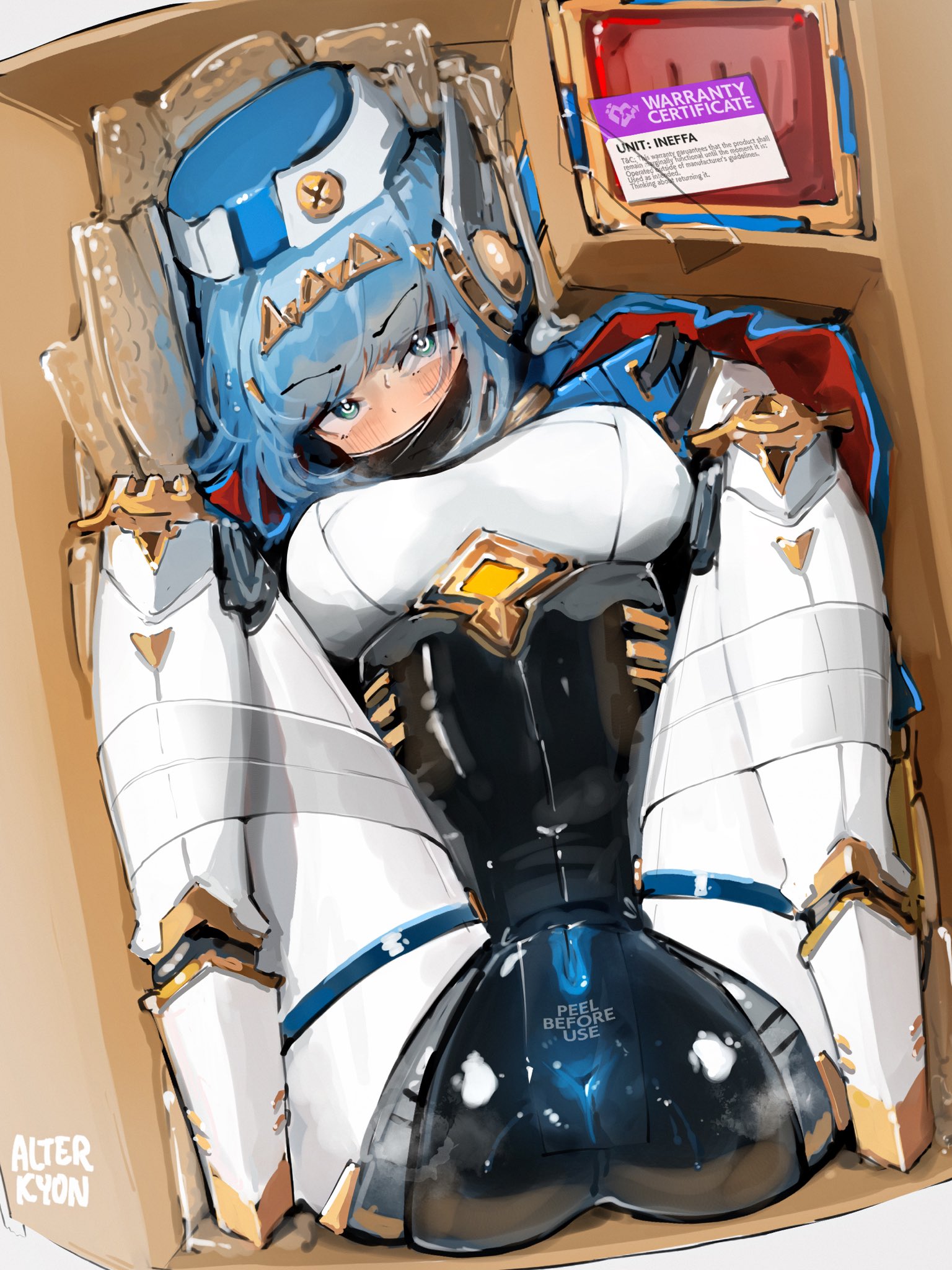 1girls, alterkyon, ass, asshole, bdsm, big breasts, blue anus, blue eyes, blue hair, blue pussy, blush, blush lines, blushing, bondage, box, breasts, cardboard box, clothed, clothed female, clothing, color, colored, colored anus, colored pussy, covered mouth, english text, female, female focus, female only, femsub, gag, gagged, genshin impact, girl in a box, hair, hair ornament, hat, in container, ineffa (genshin impact), legs, legs up, light skin, light-skinned female, medium breasts, mouth gag, muffled, no panties, non-human, package, pale skin, pale-skinned female, presenting, presenting anus, presenting pussy, pussy, questionable consent, robot, robot girl, robot humanoid, solo, solo female, solo focus, tape, tape bondage, tape gag, text, tied up, vagina