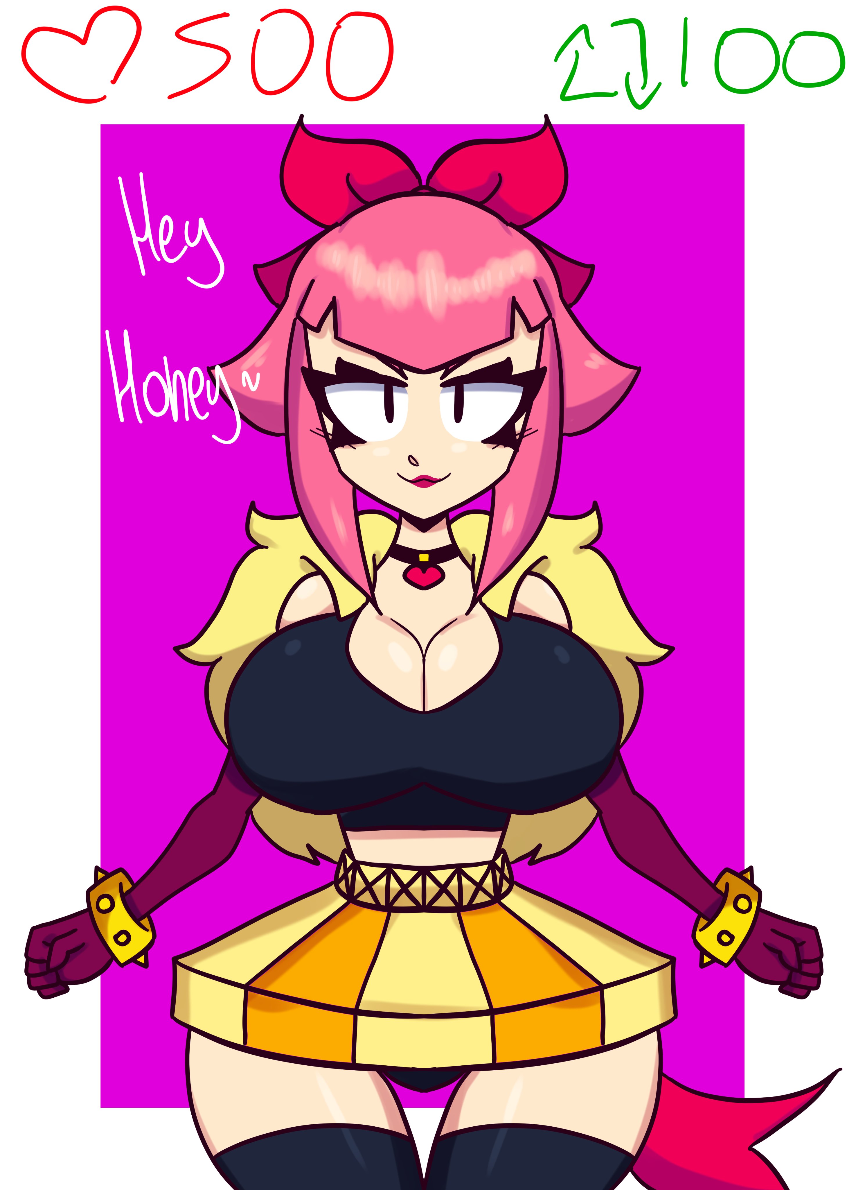 1girls, big breasts, big hips, big thighs, black eyes, black legwear, black panties, black top, black topwear, brawl stars, breasts, female, female only, full comfort, heart, heart necklace, light-skinned female, melodie (brawl stars), pink hair, red ribbon, strip game, text, text bubble, yellow skirt