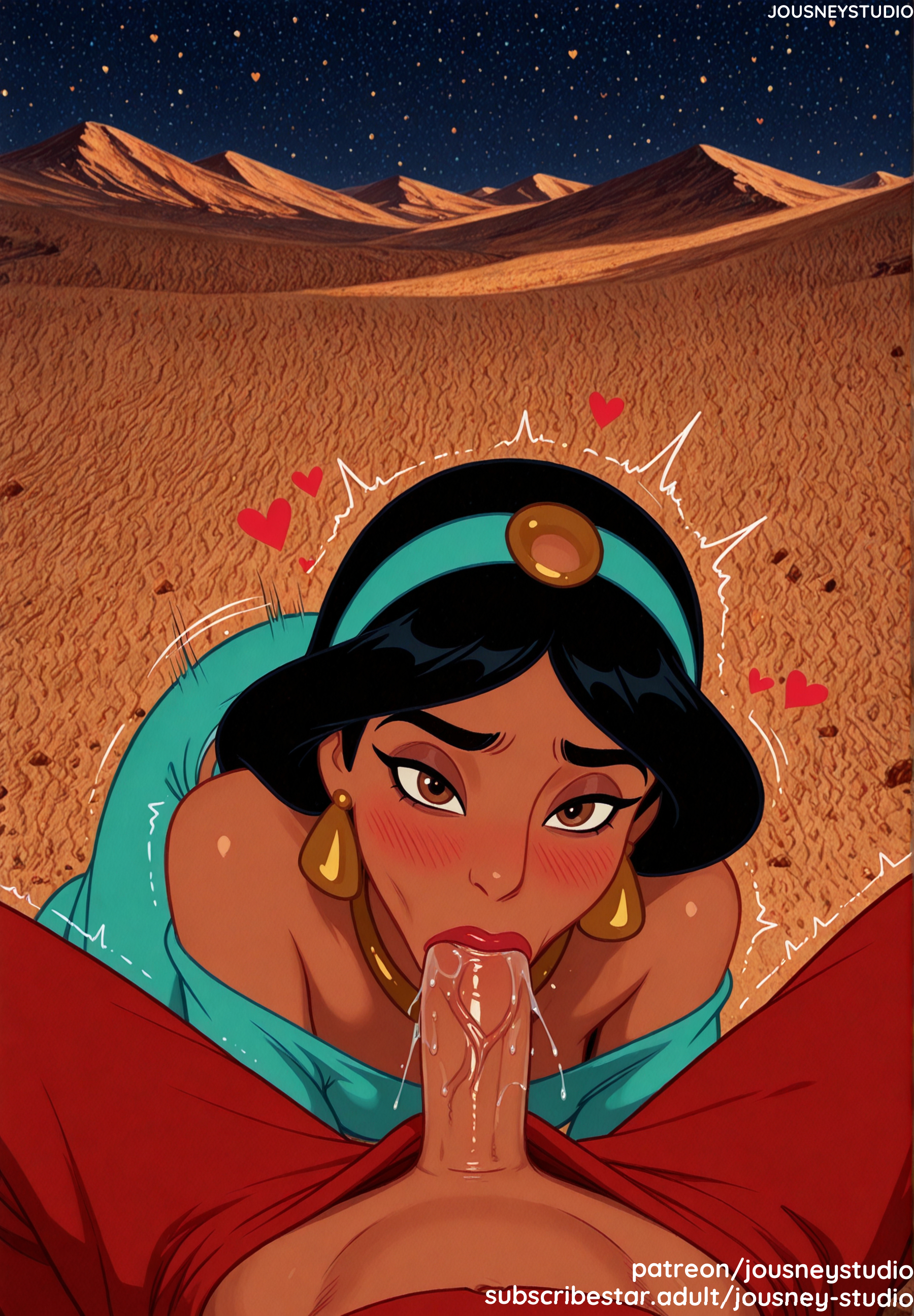 1boy, ai generated, aladdin, aladdin (1992 disney film), aladdin (disney), bare shoulders, black hair, blue shirt, blush, breasts, brown eyes, clothing, dark skin, dark-skinned female, desert, disney, disney princess, earrings, english language, english text, erection, fellatio, female, hairband, headwear, heart, interracial, jasmine, jasmine (aladdin), jewelry, jousneystudio, large breasts, looking at viewer, makeup, male, male pov, necklace, night, nose blush, off shoulder, off-shoulder dress, off-shoulder shirt, oral, outdoors, pants, penis, pov crotch, princess jasmine, saliva, sex, shirt, sky, solo focus, star (sky), starry sky, straight, text, trembling