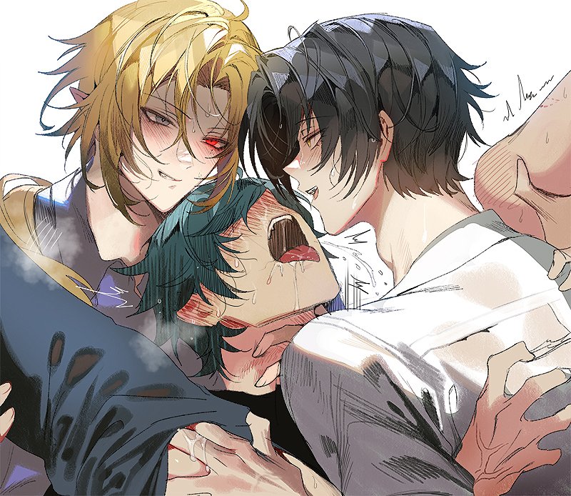 3boys, ahe gao, asaba harumasa, blonde hair, blush, blush lines, blushing, dark blue hair, drool, drool on face, gay, green hair, heterochromia, holding legs, hoyoverse, hugo vlad, lighter (zenless zone zero), long ears, long hair, male, male only, no visible genitalia, nori31291404, sandwiched, small dom big sub, smirk, smirking, steam, threesome, yaoi, zenless zone zero