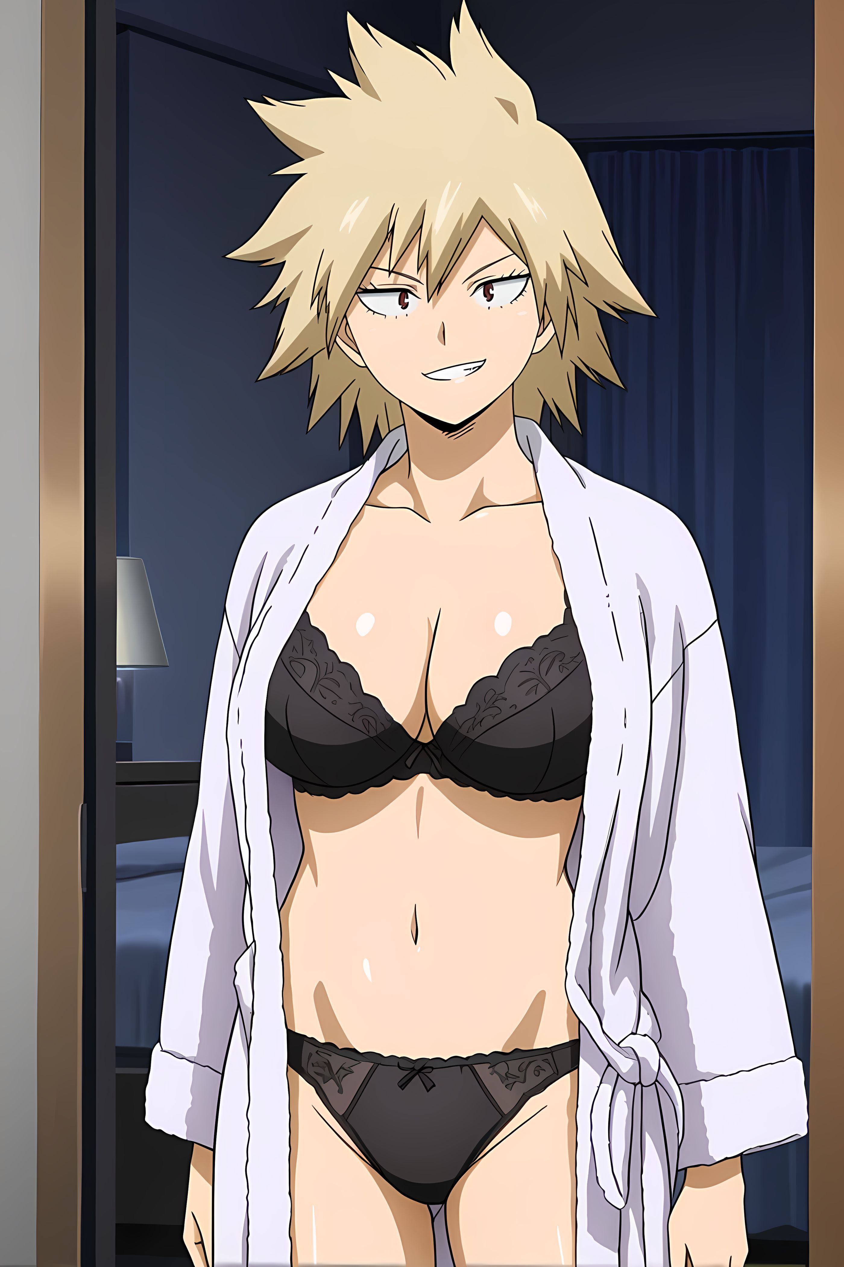 ai generated, bathrobe, bed, bedroom, black bikini, black panties, boobs, bra, breasts, female, female only, looking at viewer, mitsuki bakugou, my hero academia, panties, pinku.ai, smiling at viewer, smirk