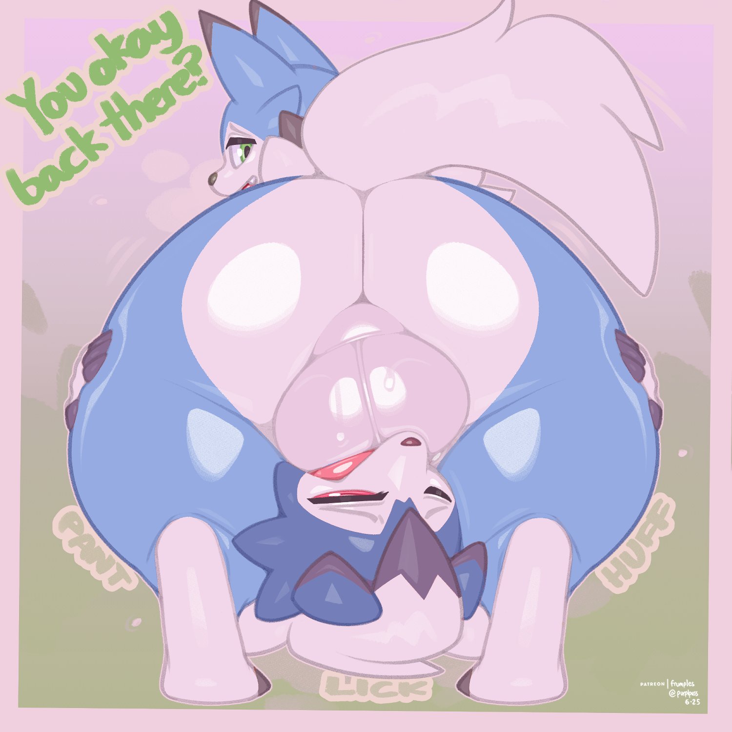 2d, 2d (artwork), 2d artwork, artist name, artist signature, ass, blowjob, bubble ass, bubble butt, dusk lycanroc, femboy, femboy on femboy, frumples, game freak, gay, gay sex, generation 7 pokemon, lycanroc, male, midnight lycanroc, nintendo, pokemon, pokemon (species), shiny lycanroc, shiny pokemon, text, thick, thick ass, thick thighs