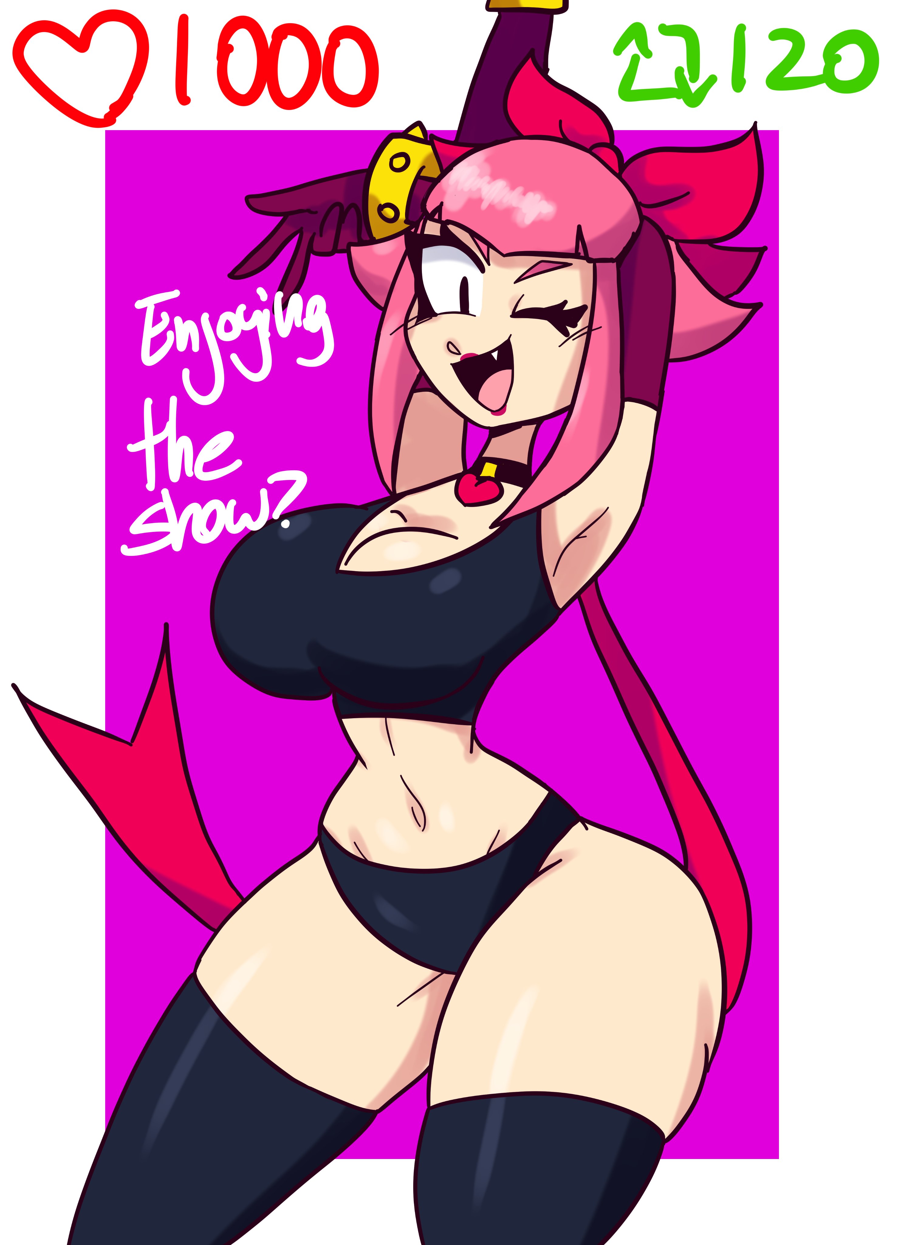 1girls, big breasts, big hips, big thighs, black eyes, black legwear, black panties, black top, black topwear, brawl stars, breasts, female, female only, full comfort, heart, heart necklace, light-skinned female, melodie (brawl stars), pink hair, red ribbon, strip game, text, text bubble