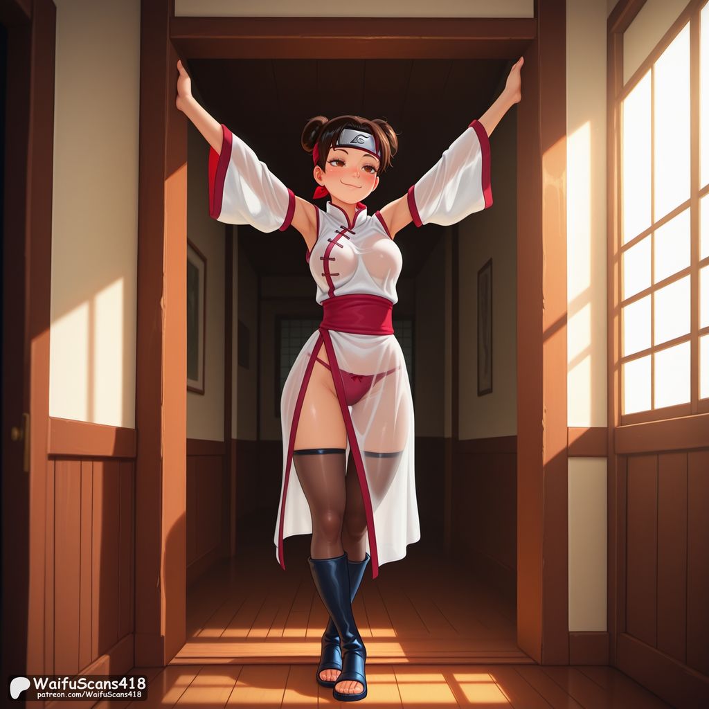 ai generated, armpits, arms up, black thighhighs, blush, boruto: naruto next generations, breasts, brown eyes, brown hair, closed mouth, detached sleeves, double bun, dress, earrings, female, forehead protector, full body, hair bun, headband, high resolution, highres, indoors, jewelry, konohagakure symbol, large breasts, looking at viewer, medium breasts, naruto, naruto (series), see-through, smile, solo, stable diffusion, standing, tenten, thighhighs, waifuscans418