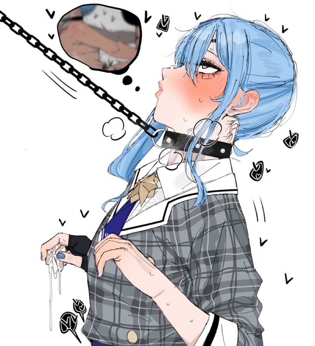 1girls, blue hair, blush, carrot 011, chain leash, clothed, clothed female, collar, cum in hands, edging, eyes open, female, hololive, hololive english, hololive english -advent-, hololive gen 0, hololive japan, hoshimachi suisei, human, leash, leash pull, lesbian kiss, lesbian sex, nerissa ravencroft, painted nails, pussy, pussy juice, thinking about sex, thought bubble, virtual youtuber, vtuber, white background, yuri