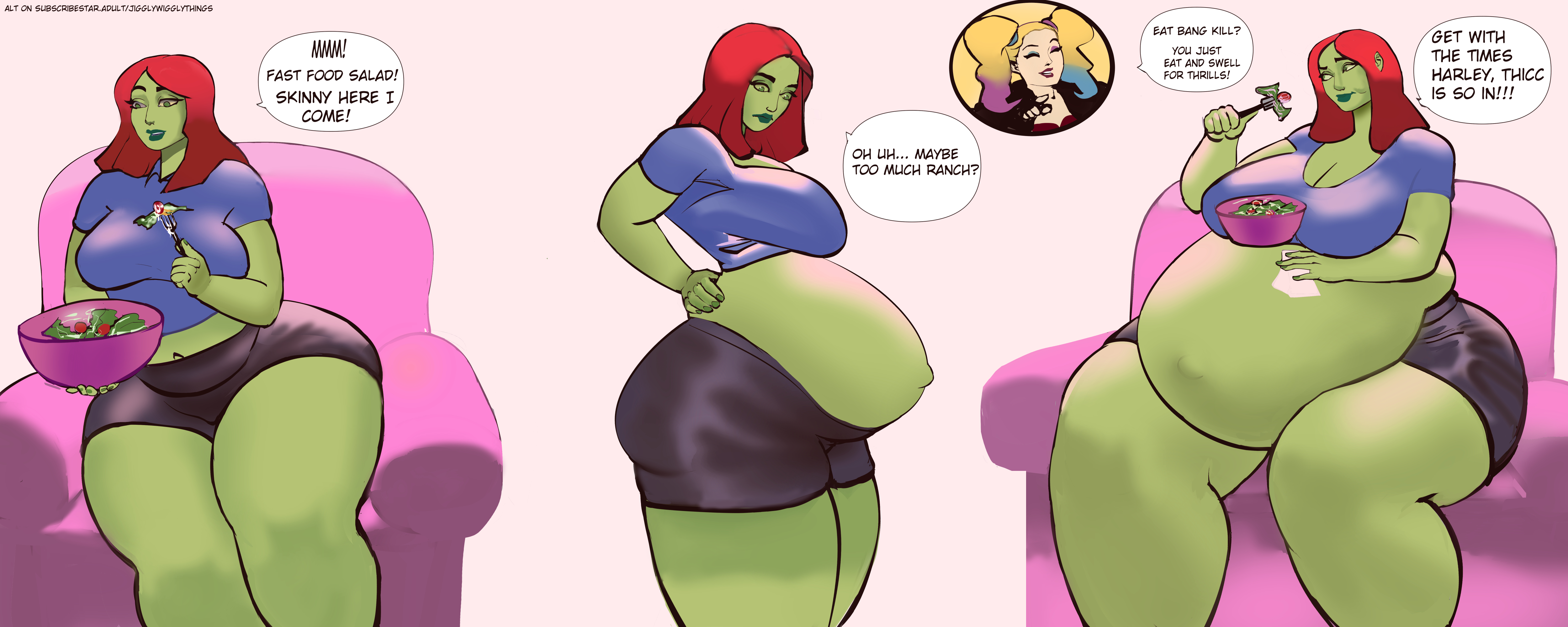 belly expansion, chubby, comic, dc, dc comics, expansion, fanart, fat female, female, female expansion, foodplay, green skin, jigglywiggly, poison ivy, sequence, sitting, stuffed belly, thick, thighs, weight gain, western