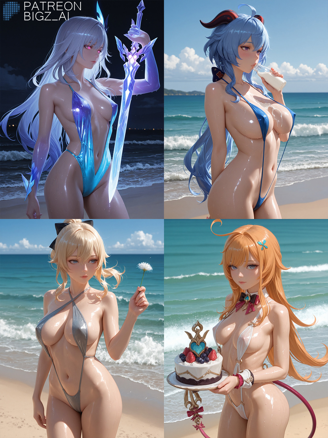 1girls, 2girls, 3girls, 4girls, ai generated, almost naked, almost nude, artist name, ass, beach, beach background, belly, belly button, big ass, big breasts, big butt, bigz ai, blonde hair, blue eyes, blue hair, blush, bra, breasts, cake, clothed, clothing, curvy, curvy body, curvy figure, escoffier (genshin impact), female, female focus, female only, ganyu (genshin impact), genshin impact, glowing, glowing clothes, glowing clothing, glowing eyes, hips, horn, horns, hoyoverse, jean gunnhildr, large ass, large breasts, light skin, light-skinned female, looking at viewer, medium breasts, mihoyo, milf, milk, milk bottle, navel, night, nipple bulge, perfect body, purple eyes, sand, sea, seaside, shiny, shiny breasts, shiny clothes, shiny skin, skirk (genshin impact), sling bikini, sling swimsuit, slingshot bikini, slingshot swimsuit, smile, smiling, smiling at viewer, swimsuit, swimwear, sword, tail, thick thighs, thighs, wet, wet body, wet clothes, wet skin, white hair, wide hips