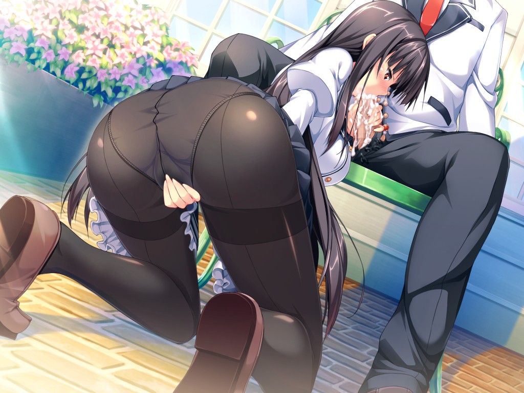 ass black_hair blush brown_eyes censored cum cum_in_mouth erect! female game_cg long_hair pantyhose penis piromizu trinity_euphoria