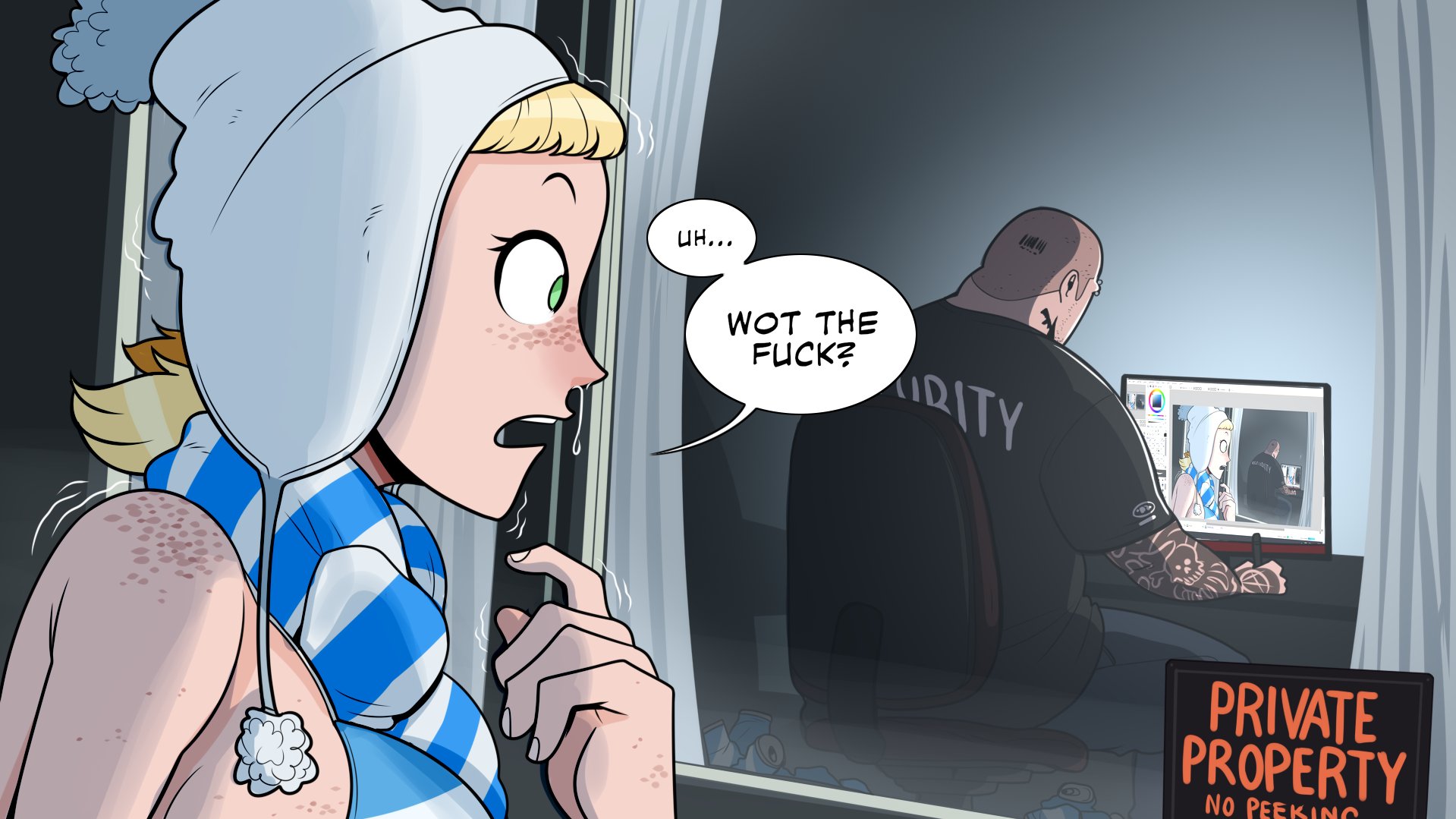 4th wall breaking, argie (hellonearthiii), blonde hair, dj (hellonearthiii), english text, freckles, freezing, green eyes, hat, hellonearthiii, peeking out, recursion, scarf, speech bubble, winter hat