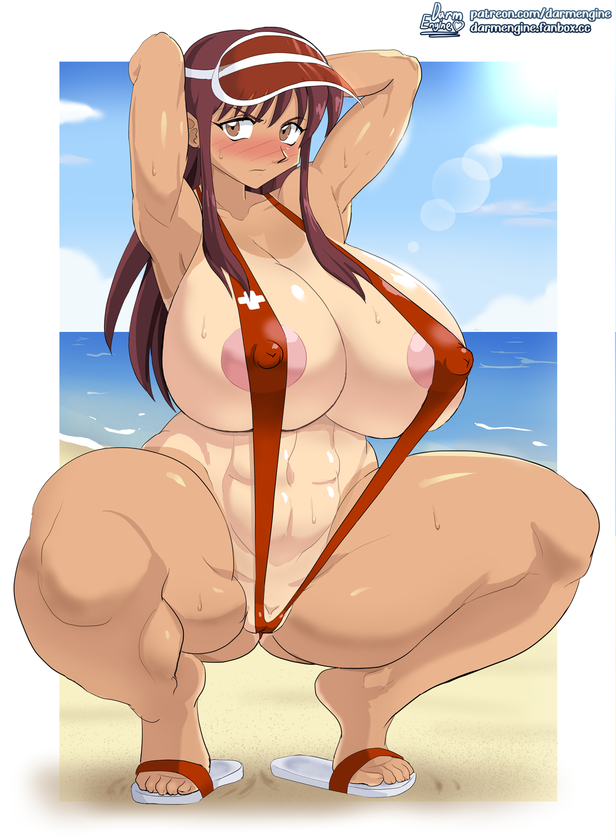1girls, abs, areola, areola slip, areolae, beach, blush, breasts, darm engine, embarrassed, feet, female, hat, huge breasts, lifeguard, looking at viewer, nipple bulge, one-piece swimsuit, open toe footwear, open toe shoes, original, original character, sandals, skimpy, skimpy bikini, skimpy outfit, sling bikini, squatting, squatting position, swimsuit, tan, tanlines, thick thighs, visor, visor cap