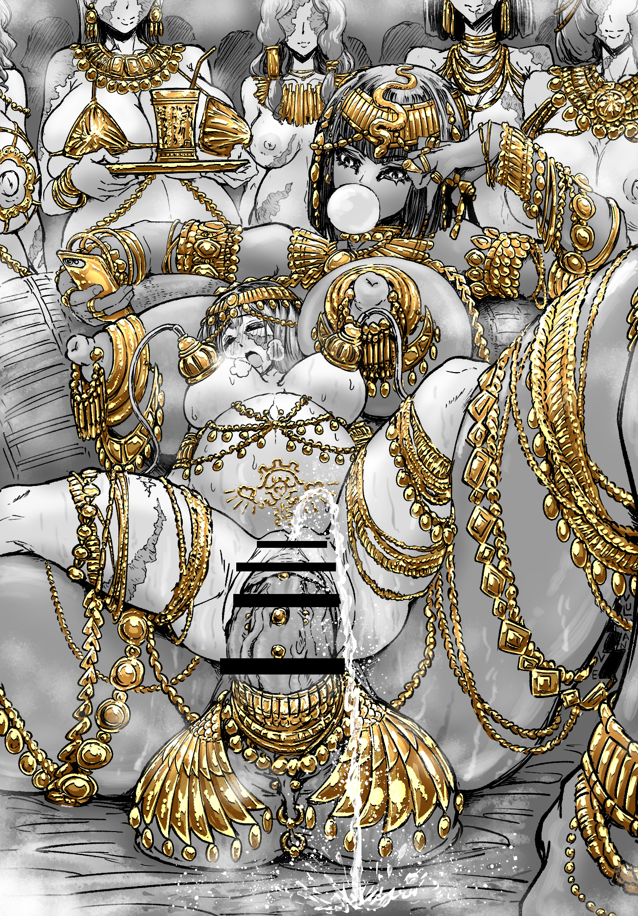 balls, big breasts, breasts, bubble gum, censored, cup, dickgirl, drink, female, futa giantess, futa on female, futa wife, futanari, giantess, gold jewelry, harem, huge balls, huge breasts, huge cock, intersex, jewelry, mostly nude, multiple girls, penis, pierced genitals, plate, pregnant, sex, size difference, squirting, vulanve
