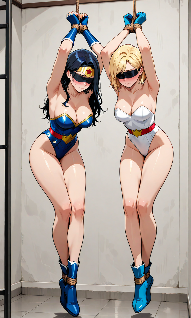 ai generated, blindfold, blindfolded, bondage, bound, damsel in distress, dc, dc comics, female, femsub, heroine in trouble, power girl, restrained, superheroine, superman (series), tied, tied up, wonder woman, wonder woman (series)