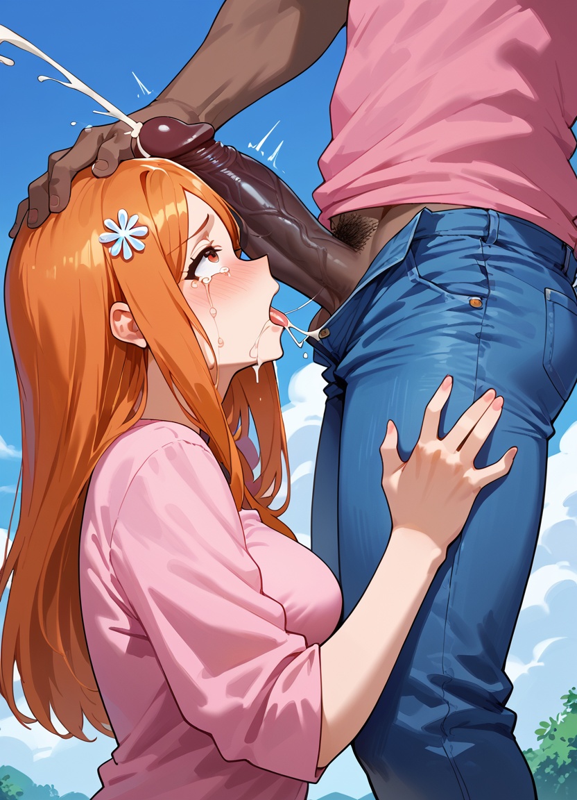 ai_generated bleach cock_on_face dark-skinned_male imminent_fellatio imminent_oral inoue_orihime kneeling large_penis orange_hair tagme