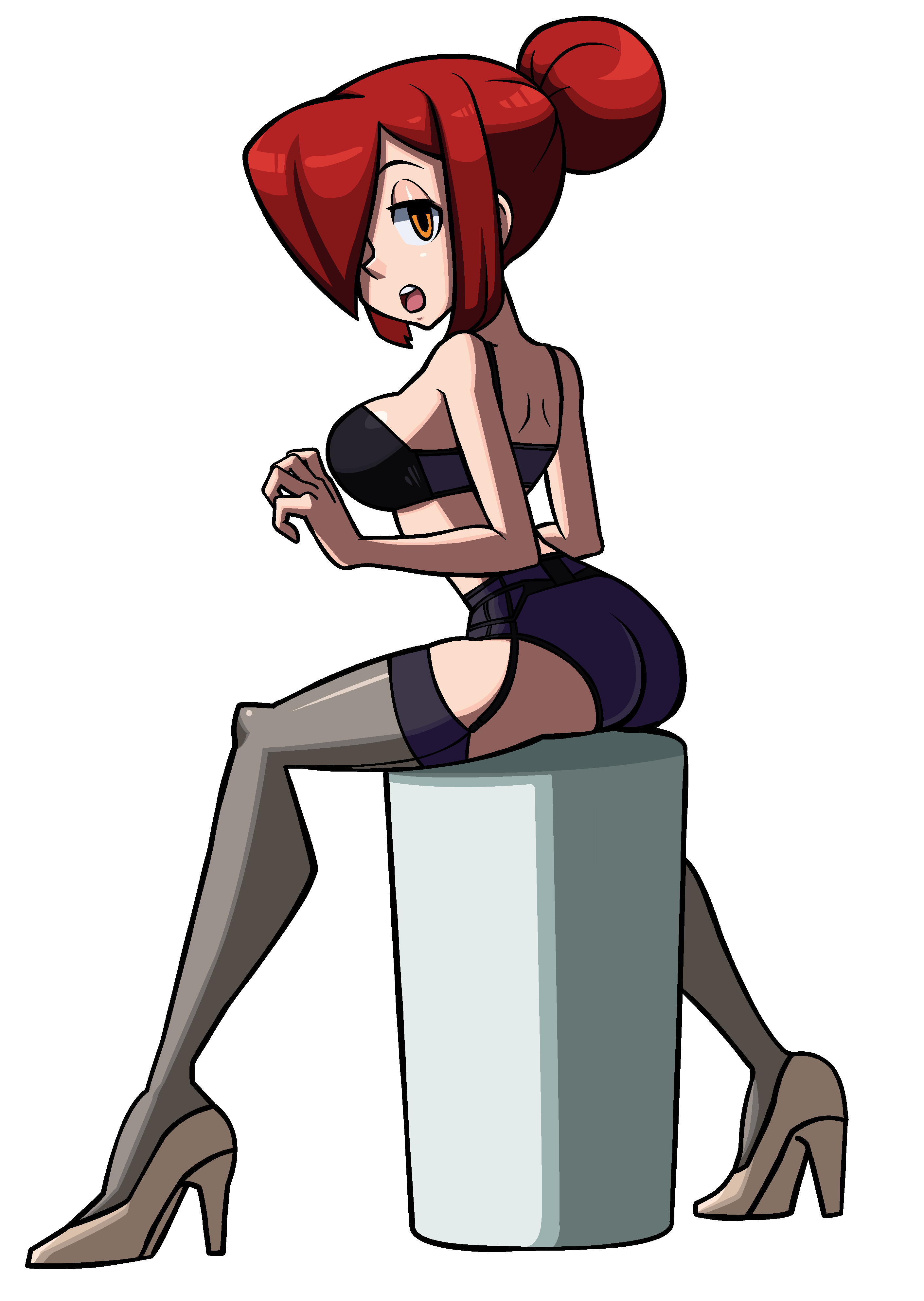 2d, 2d (artwork), ass, big ass, big breasts, bra, breasts, clothed, clothed female, clothing, commission, female, female focus, female only, garter belt, garter straps, hair bun, heels, high heels, hourglass figure, hourglass figured female, huge ass, huge breasts, looking back, looking back at viewer, mouth open, niboonskull, open mouth, panties, parasoul, partially clothed, partially clothed female, red hair, red-haired female, redhead, redhead female, shiny, shiny skin, skullgirls, solo, solo female, solo focus, stockings, suprised, suprised expression, suprised look, tagme, thighhighs, voluptuous, voluptuous female