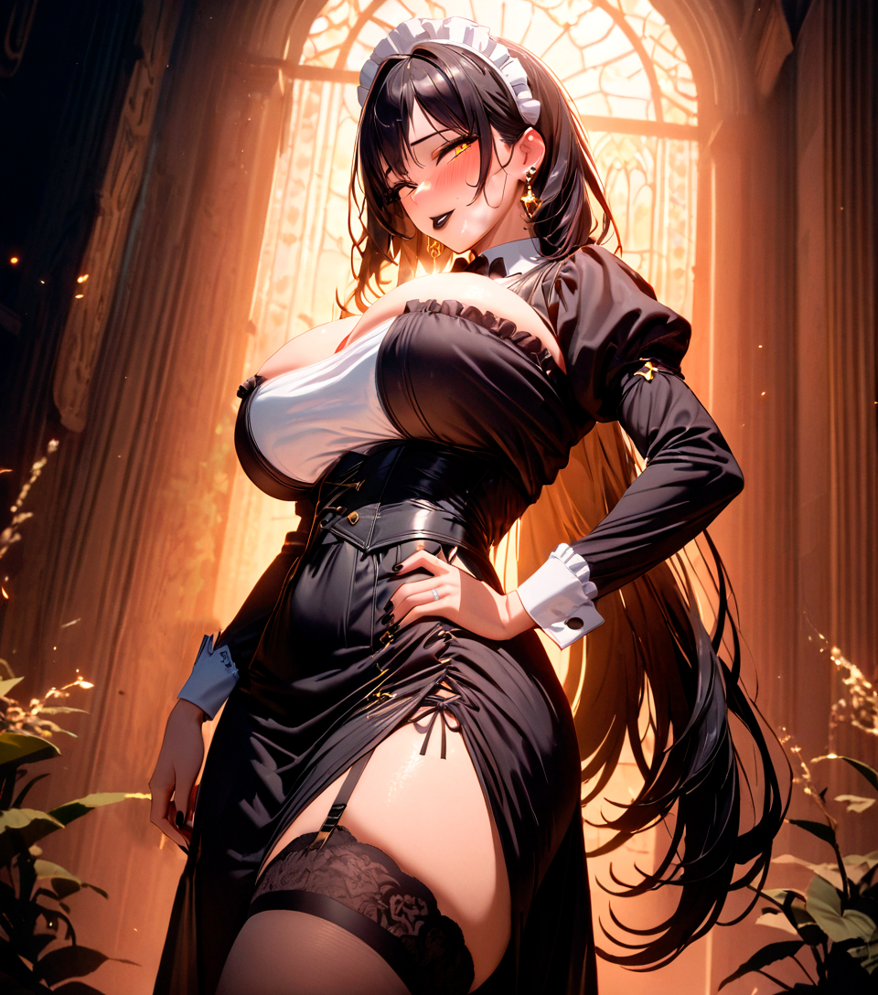 adorable, ai generated, big ass, big breasts, black hair, breasts, curvy, curvy body, curvy female, curvy figure, curvy hips, female, female only, garter straps, goth, goth girl, gothic, hand on hip, happy, huge breasts, husband and wife, long hair, maid, maid headdress, maid uniform, married couple, mature female, milf, mommy, nyx (starlightnex), original, original character, slim waist, smile, starlightnex, stockings, thick ass, thick hips, thick legs, thick lips, thick thighs, thigh highs, thighs, thirsty, victorian, wholesome, wide hips, wife, yellow eyes