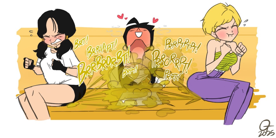 1boy, 2girls, black hair, blonde hair, fart, fart cloud, fart fetish, farting, farting on another, female, hearts around head, looking pleasured, looking up, male, simple background, tied up