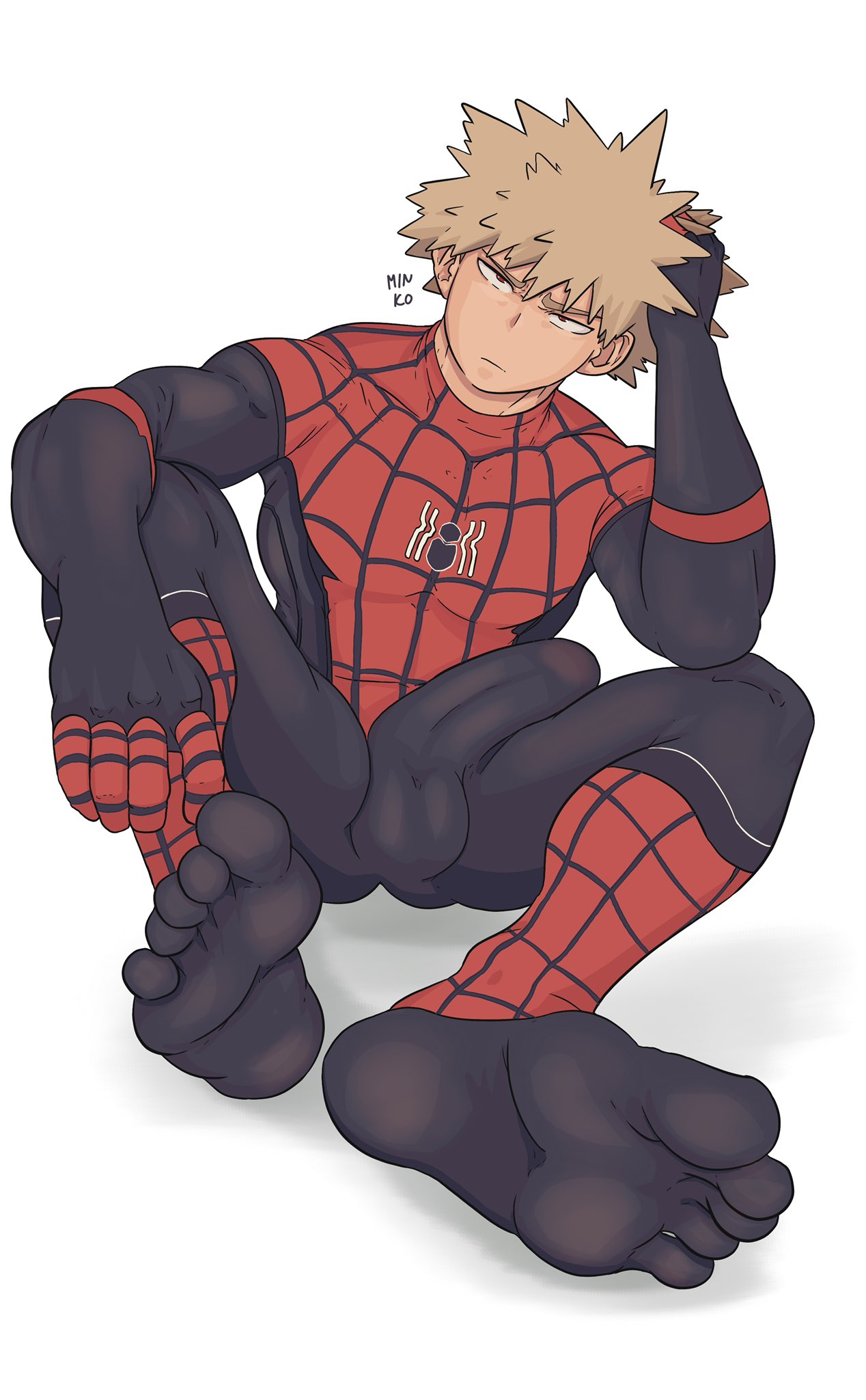 1boy, blonde hair, bodysuit, bulge, bulge under clothes, feet, feet towards viewer, flaccid, gay, katsuki bakugou, looking at viewer, male, male only, marvel, marvel comics, minkoni2, muscular, my hero academia, penis, penis outline, skin tight, solo, solo male, spider-man (cosplay), tight clothing, unimpressed, yaoi