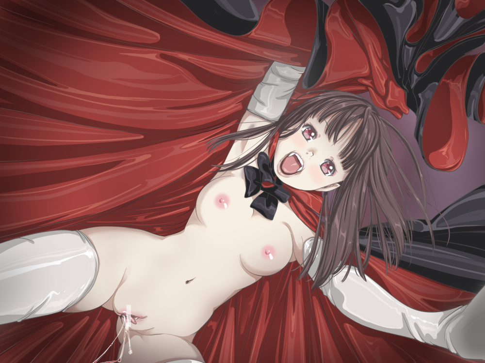 breasts cape censored clitoris erect_clitoris fangs female gloves large_breasts looking_at_viewer no_panties open_mouth pussy pussy_juice red_eyes solo thighhighs tied_hair topless twintails vampire yozora