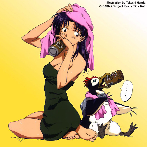 1girls beer beer_can drinking drying drying_hair feet from_behind large_breasts long_hair misato_katsuragi neon_genesis_evangelion original pen_pen penguin purple_hair takeshi_honda towel towel_only wet