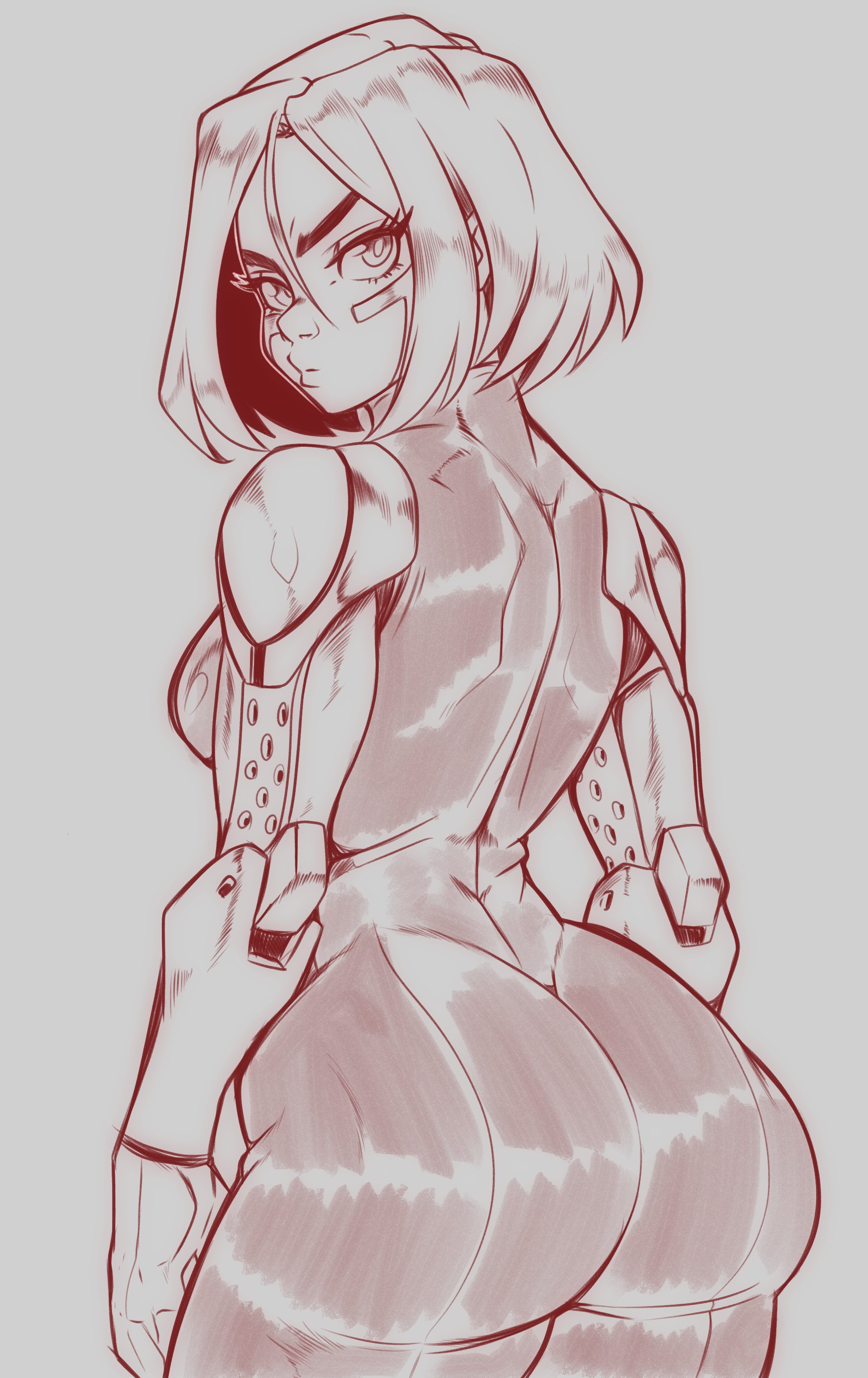1girls, alita, annoyed expression, ass, ass crack, back view, battle angel alita, big ass, big butt, bob cut, bodysuit, breasts, butt crack, cybernetic arm, cybernetics, cyborg, female, female only, looking at viewer, monochrome, reliusmax, sketch, stern expression