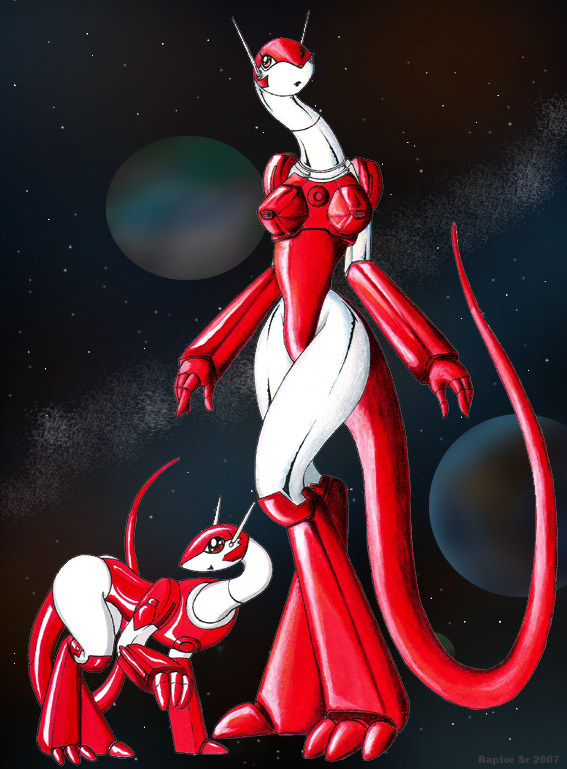2_tone_body anthro ass big_breasts big_butt biped breasts duo female fluffy_(team_galaxy) long_tail machine mini_me nipples non-mammal_nipples quadruped raptorsr red_body robot robot_anthro rule_63 standing tail team_galaxy thick_thighs white_body wide_hips