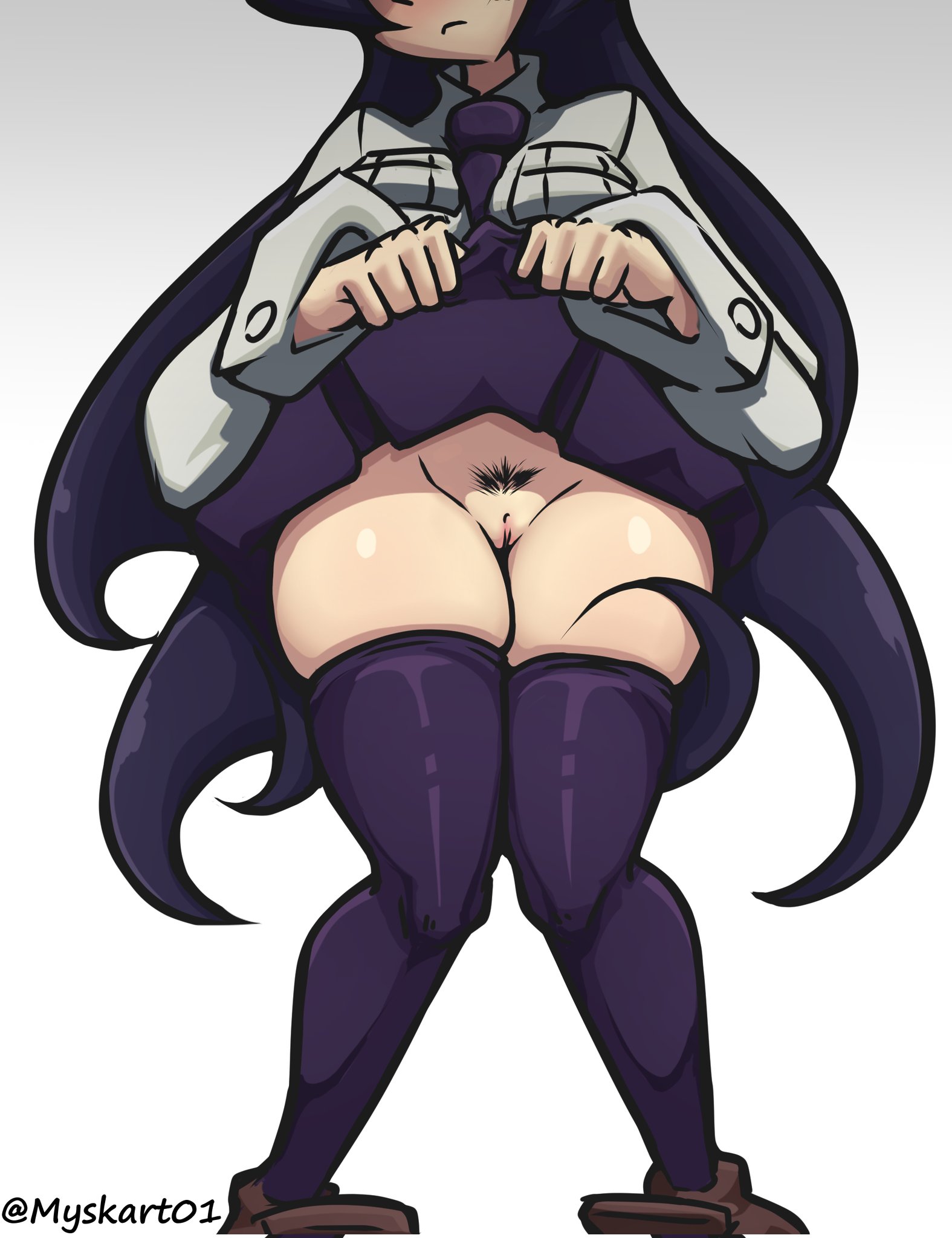 1girls, black hair, blush, female, female only, filia (skullgirls), hips, loafers, long hair, myskart, no panties, pubes, pubic hair, pussy, school uniform, shoes, skirt, skirt up, skullgirls, solo, stockings, straight hair, striped, thick thighs, thighhighs, thighs, twitter username, unshaved pussy, very long hair, wide hips