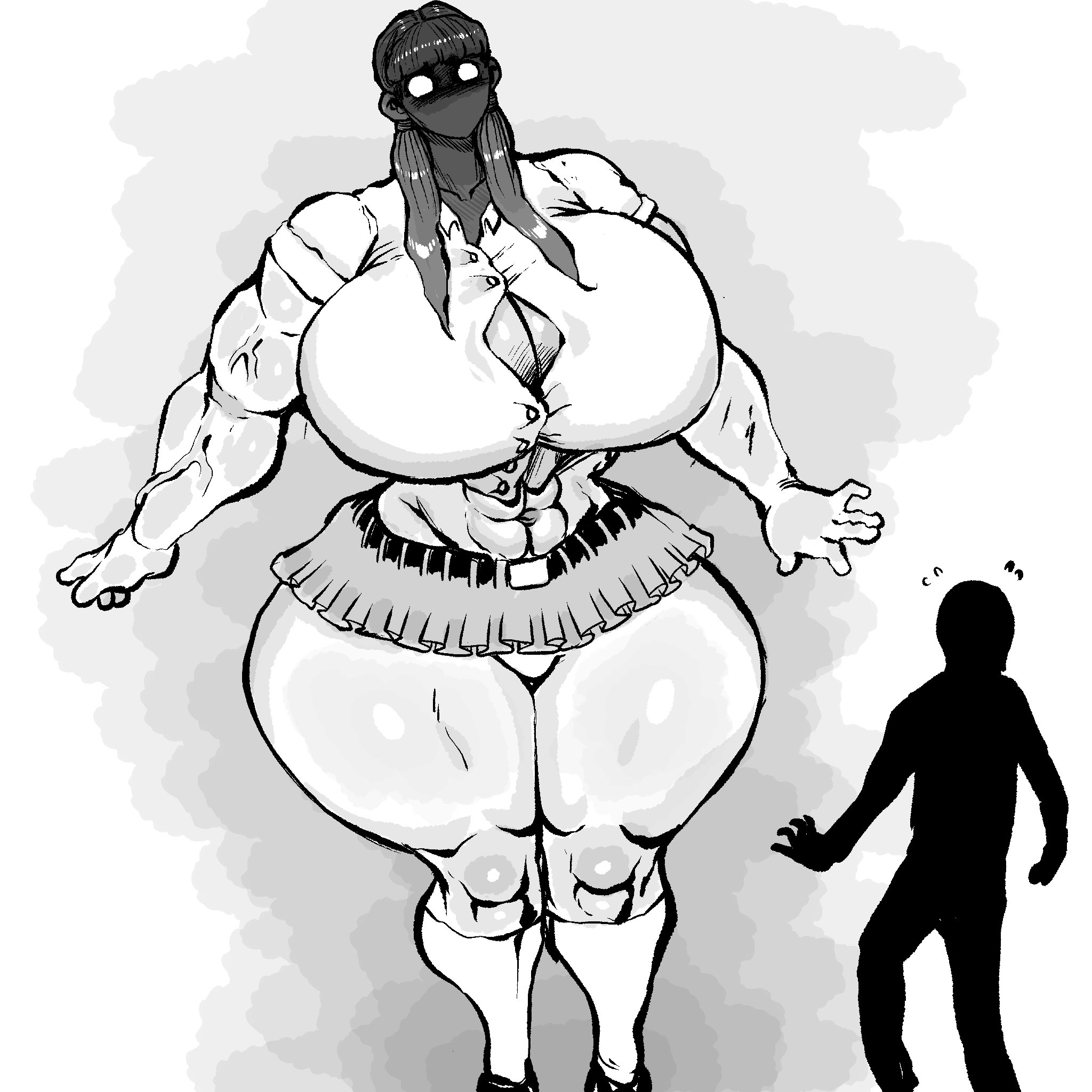 1boy, 1girls, abs, breasts, bursting breasts, button gap, buttoned shirt, female, giantess, gigantic breasts, height difference, larger female, lewdbeef, lewdcreep, low twintails, male, miniskirt, monochrome, muscular, muscular female, original, panties, school uniform, schoolgirl, short sleeves, size difference, thick thighs, twintails, undersized clothes, wide hips
